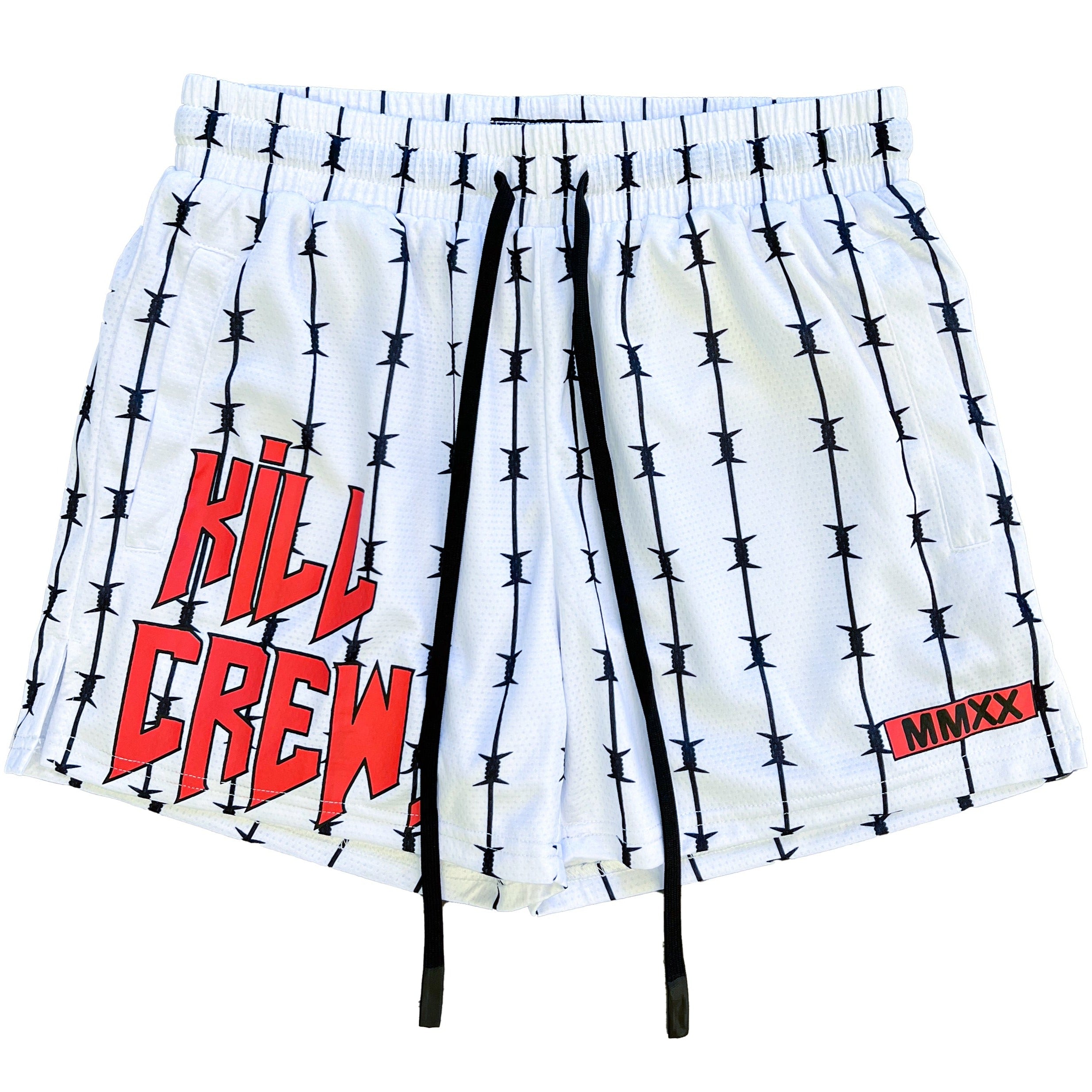 BARBWIRE MUAY THAI SHORTS (MID THIGH CUT) - WHITE / RED