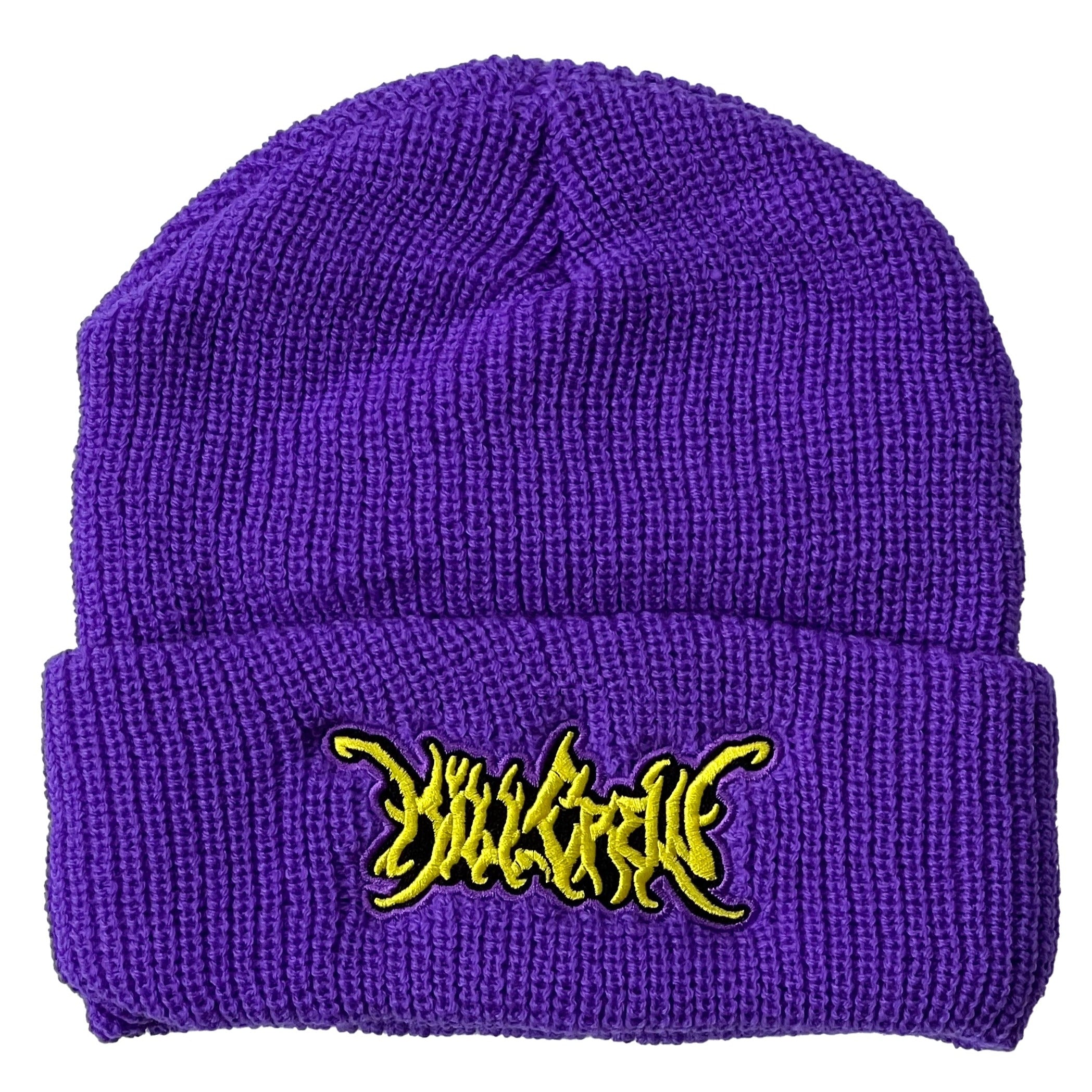 EMBROIDERED CUFFED BEANIE - PURPLE / YELLOW