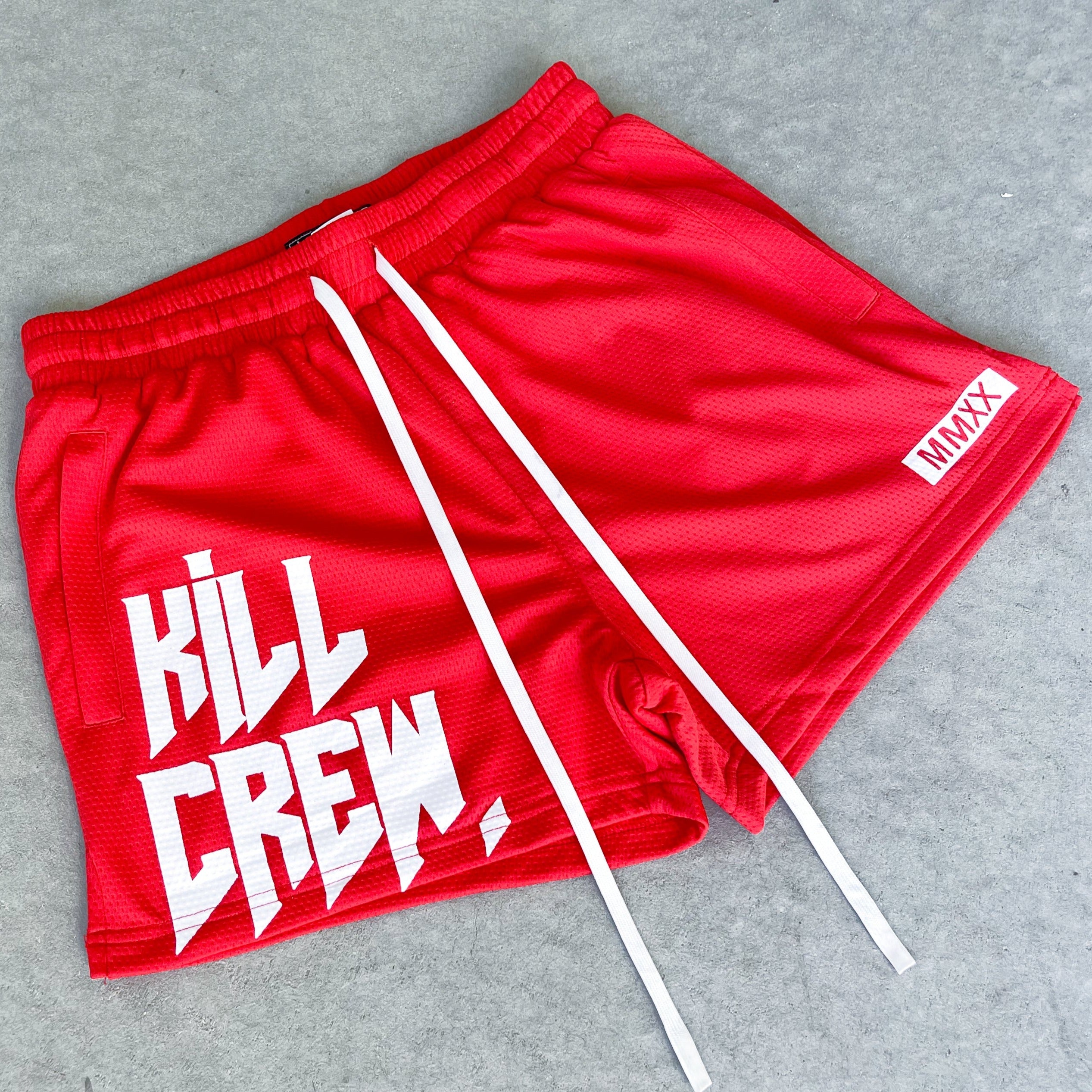 MUAY THAI SHORTS (MID THIGH CUT) - RED / WHITE