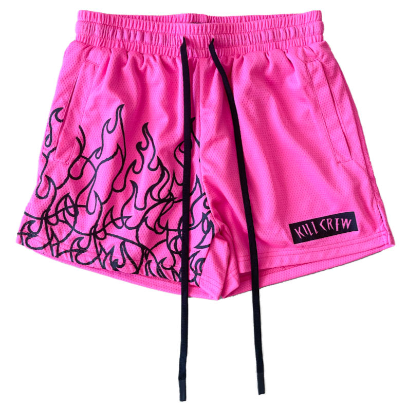 MUAY THAI FLAME SHORTS (MID THIGH CUT) - PINK / BLACK