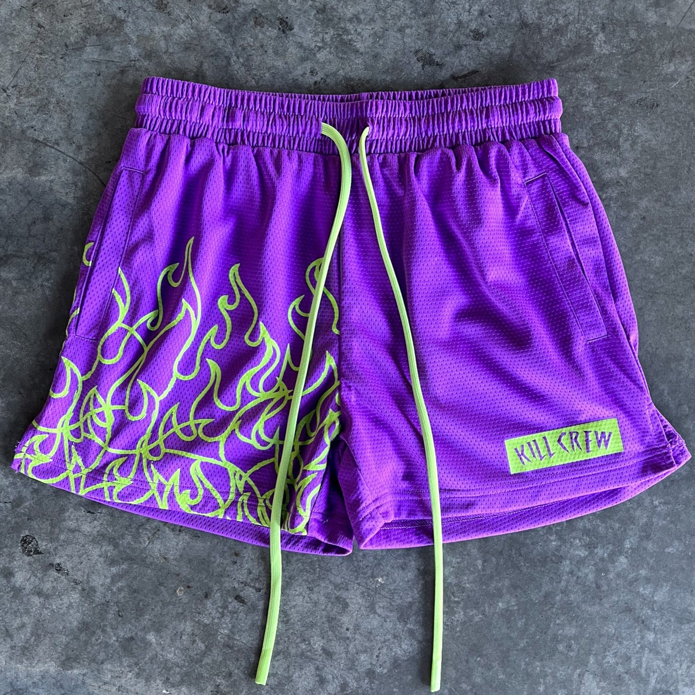 MUAY THAI FLAME SHORTS (MID THIGH CUT) - PURPLE / GREEN