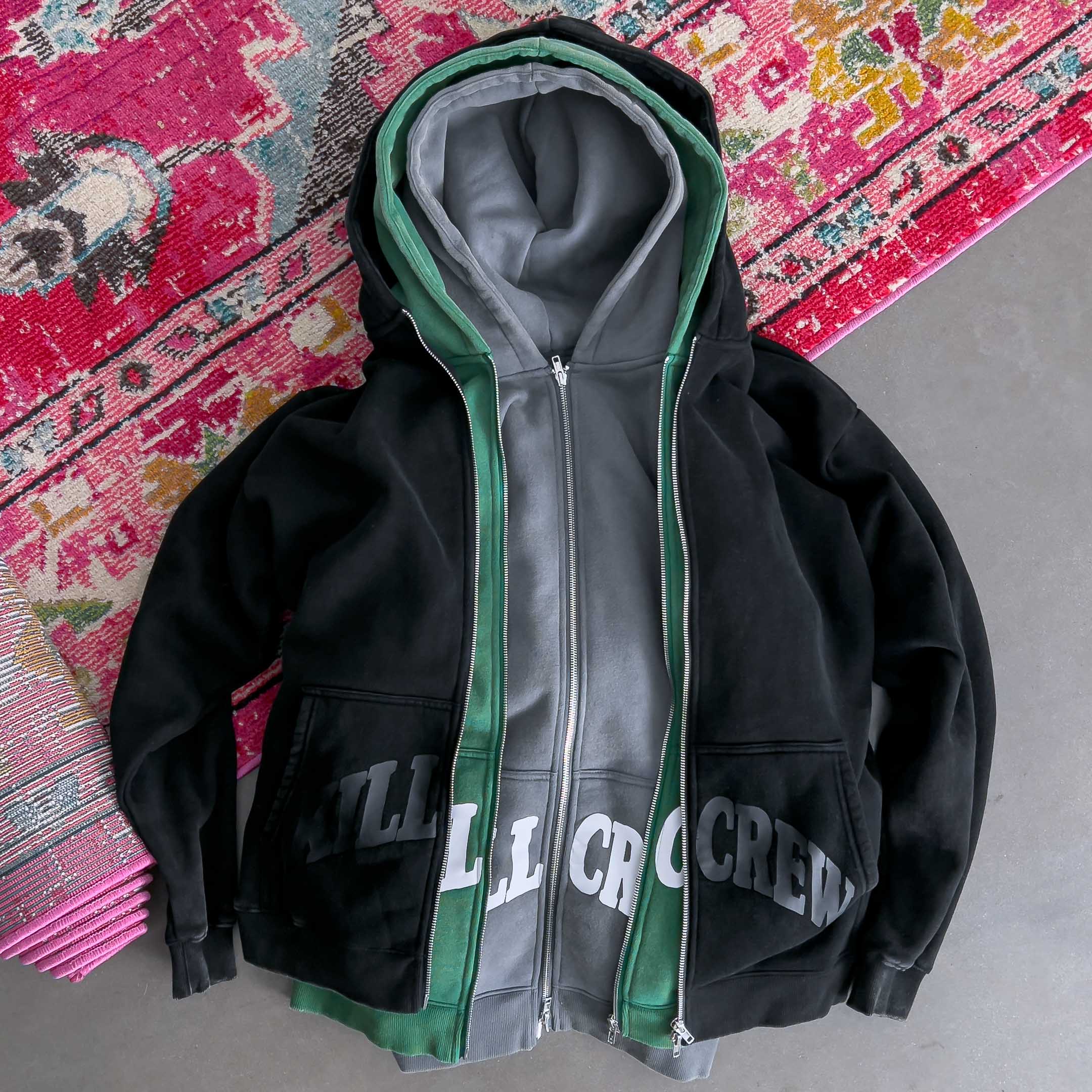 OVERSIZED LUX KILL CREW ZIP UP - GREEN / WHITE