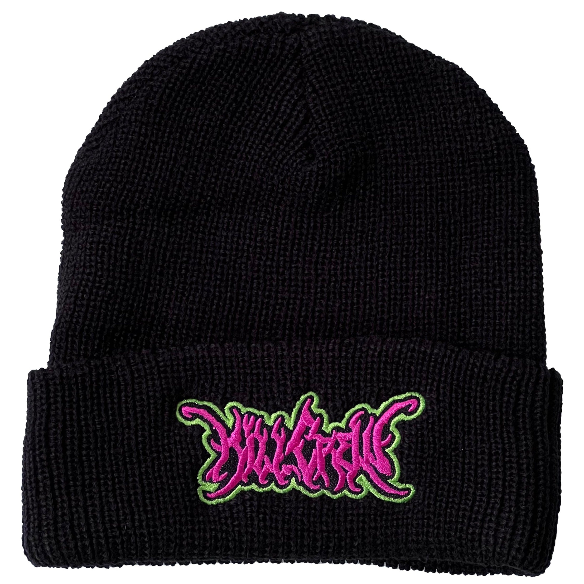 EMBROIDERED CUFFED BEANIE - BLACK / PINK