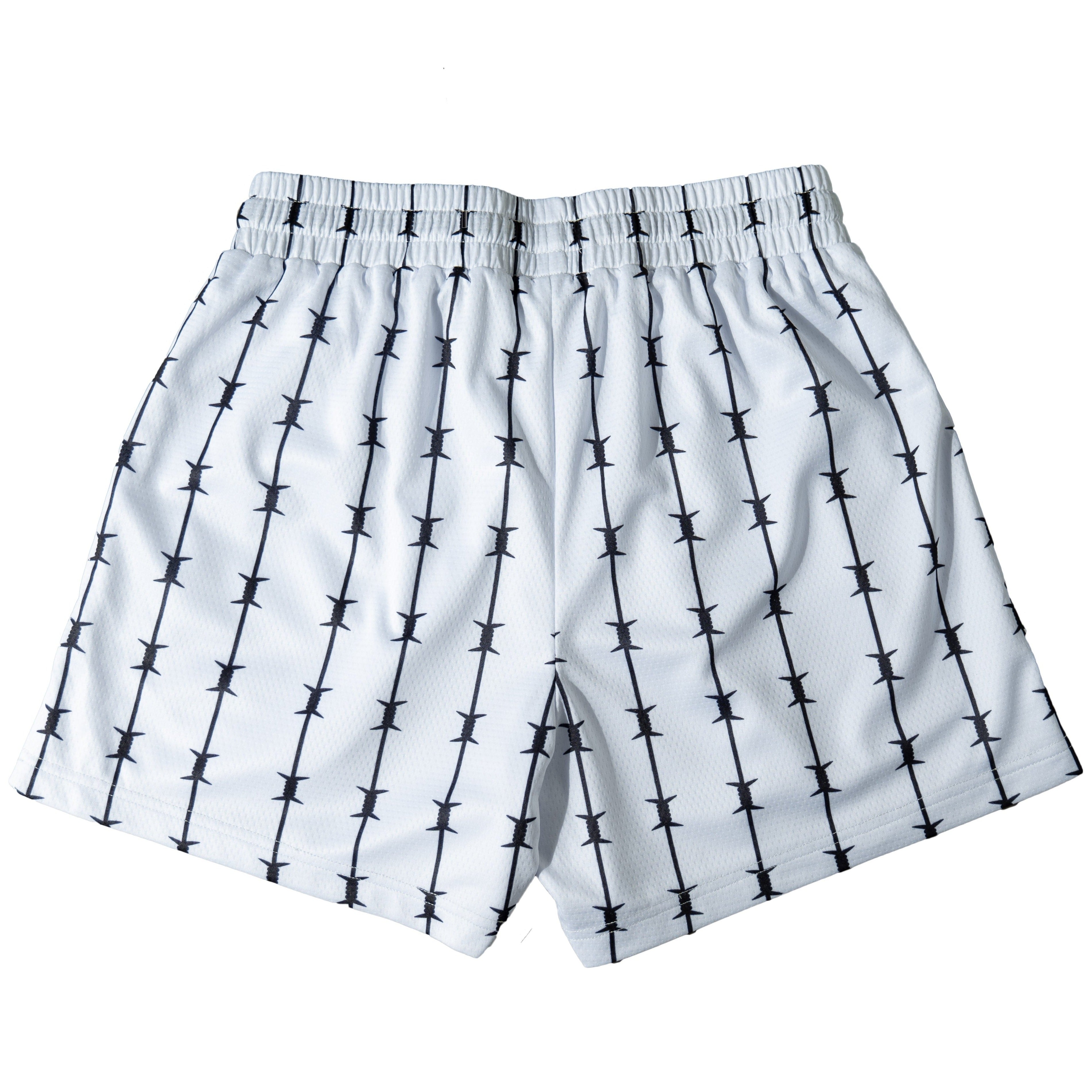 BARBWIRE MUAY THAI SHORTS (MID THIGH CUT) - WHITE / BLACK