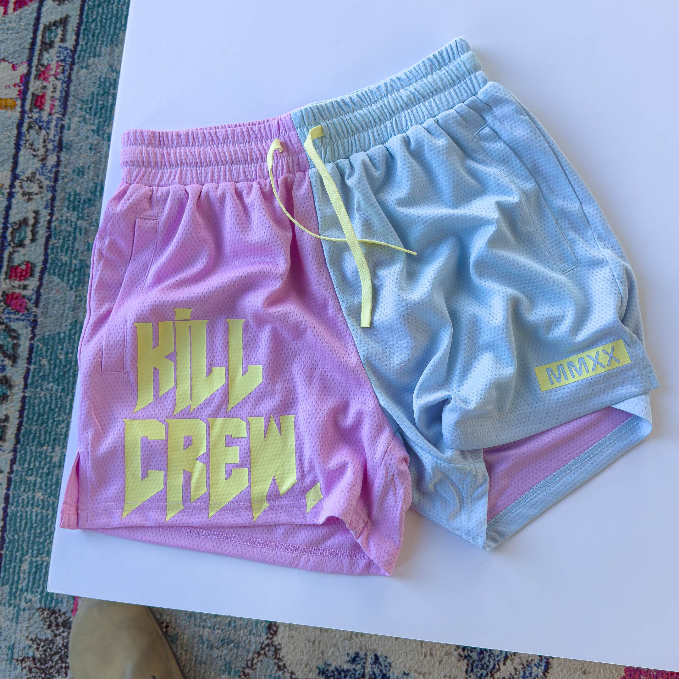 MUAY THAI SHORTS (MID THIGH CUT) 2 TONE - PASTEL PINK / BLUE