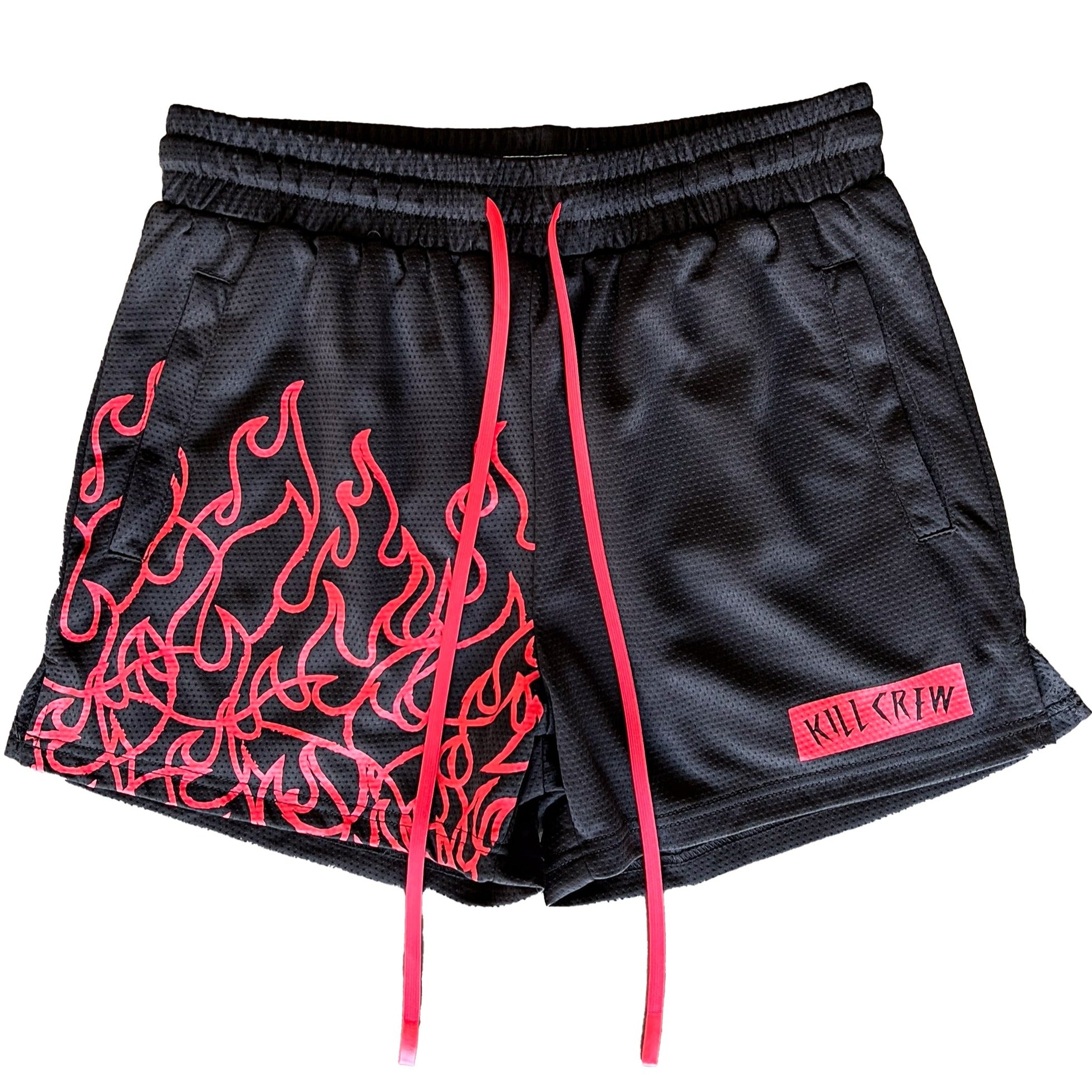 MUAY THAI FLAME SHORTS (MID THIGH CUT) - BLACK / RED