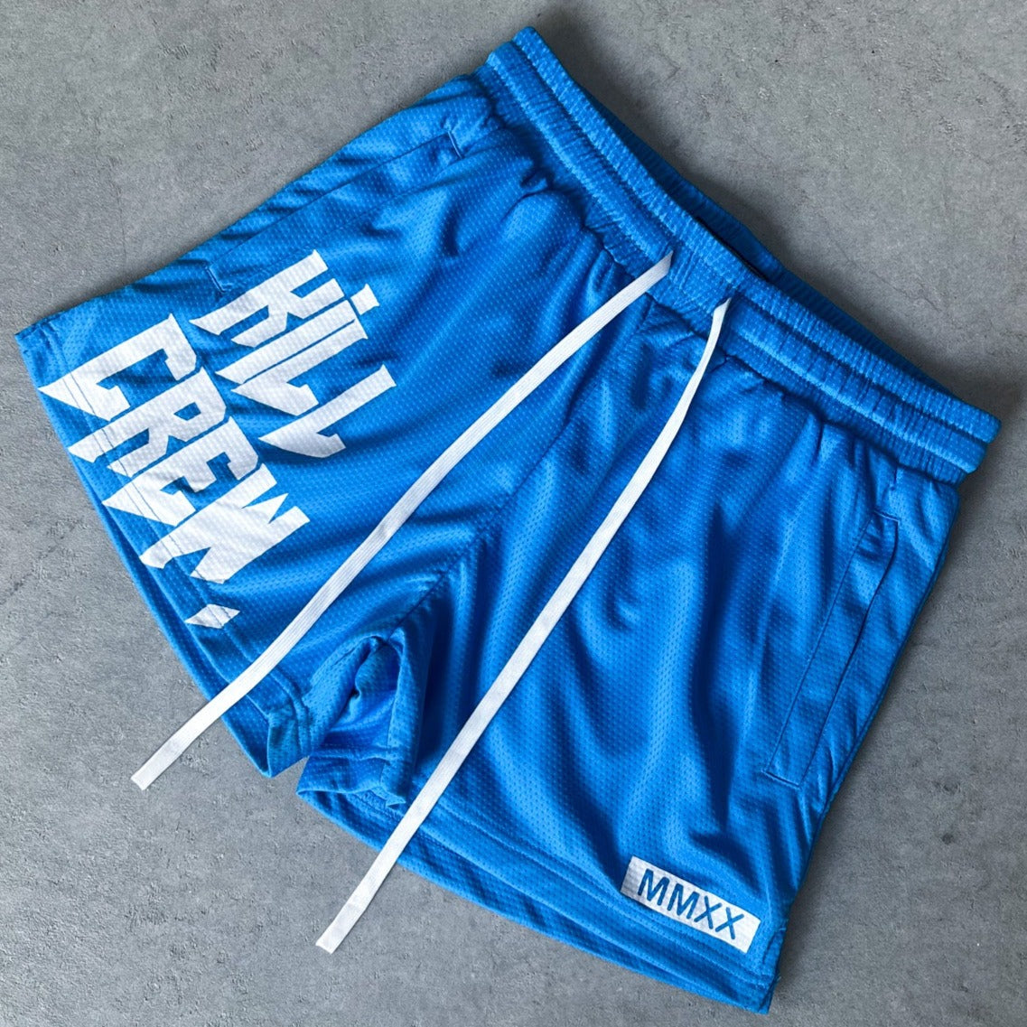 MUAY THAI SHORTS (MID THIGH CUT) - BLUE / WHITE