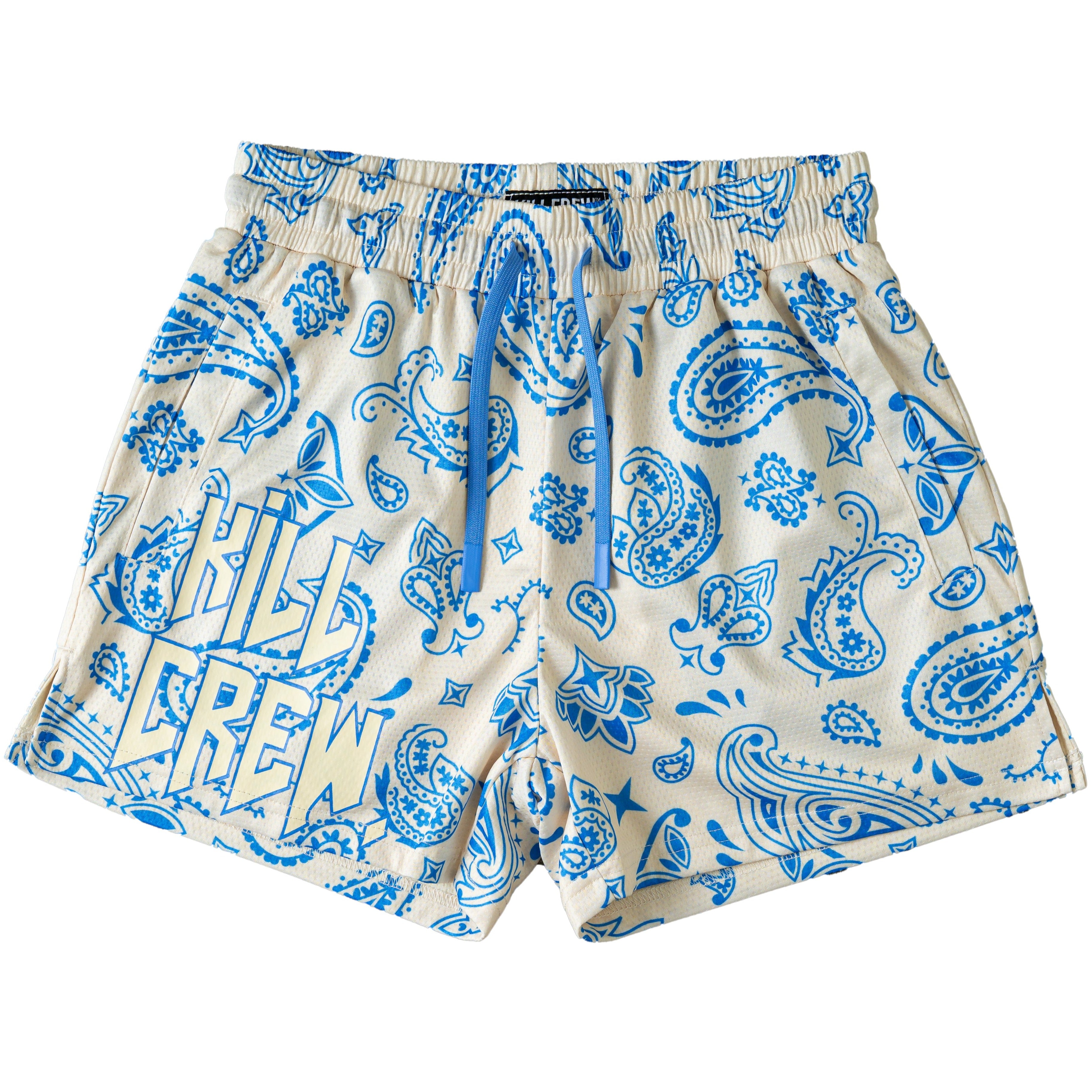 MUAY THAI SHORTS (MID THIGH CUT) BANDANA - CREAM / BLUE