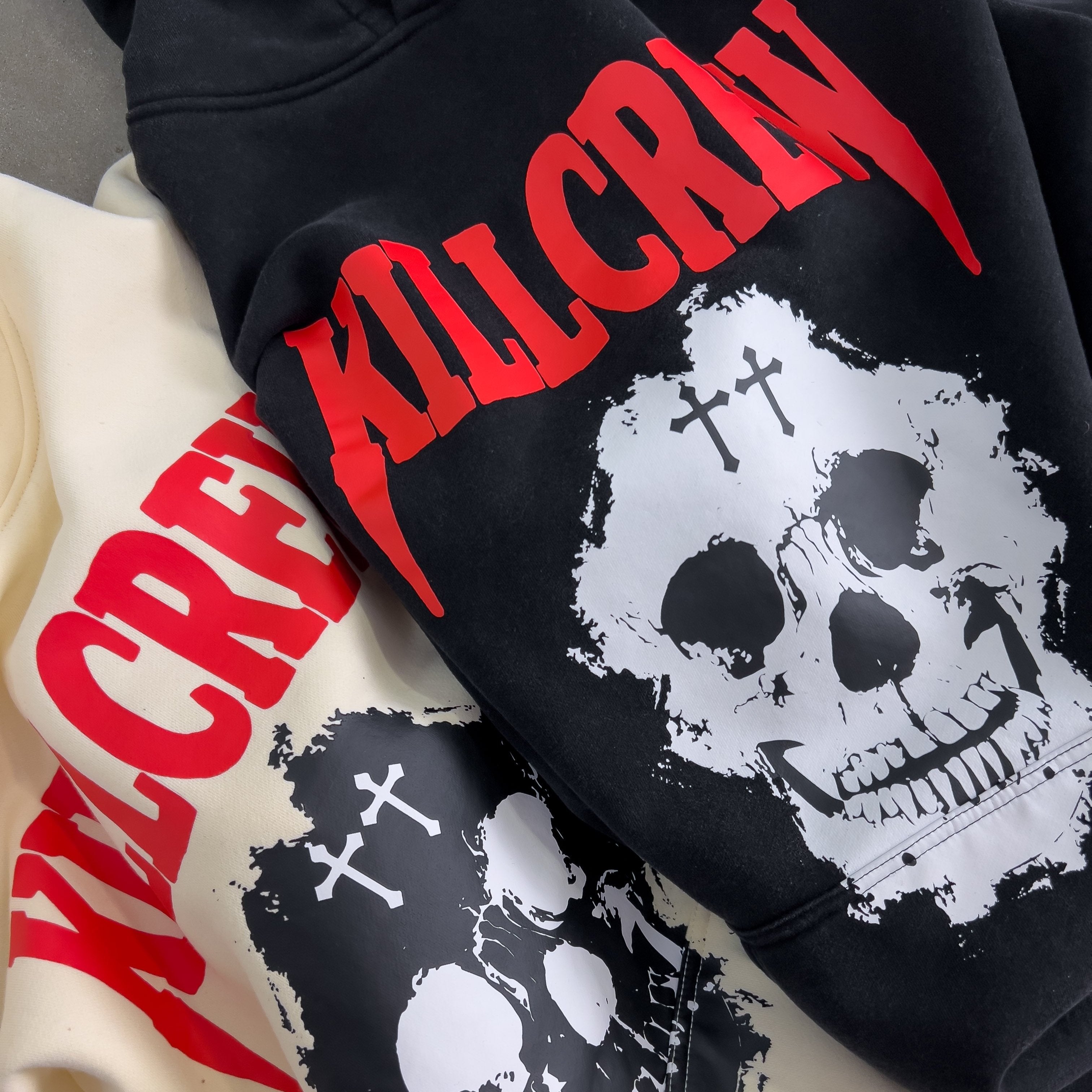 OVERSIZED LUX KILL CREW SKULL HOODIE - BLACK / RED