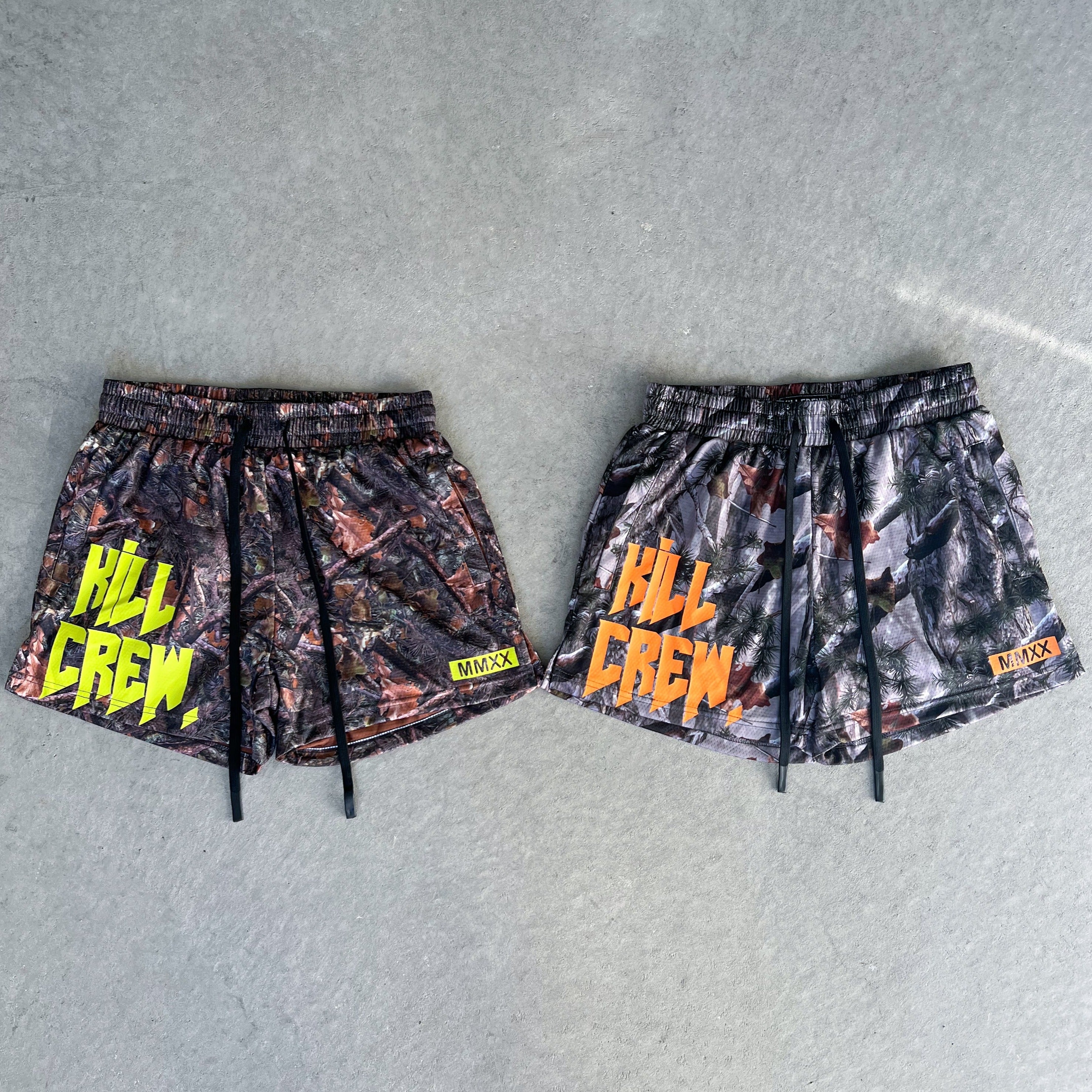 MUAY THAI SHORTS (MID THIGH CUT) - CAMO / ORANGE