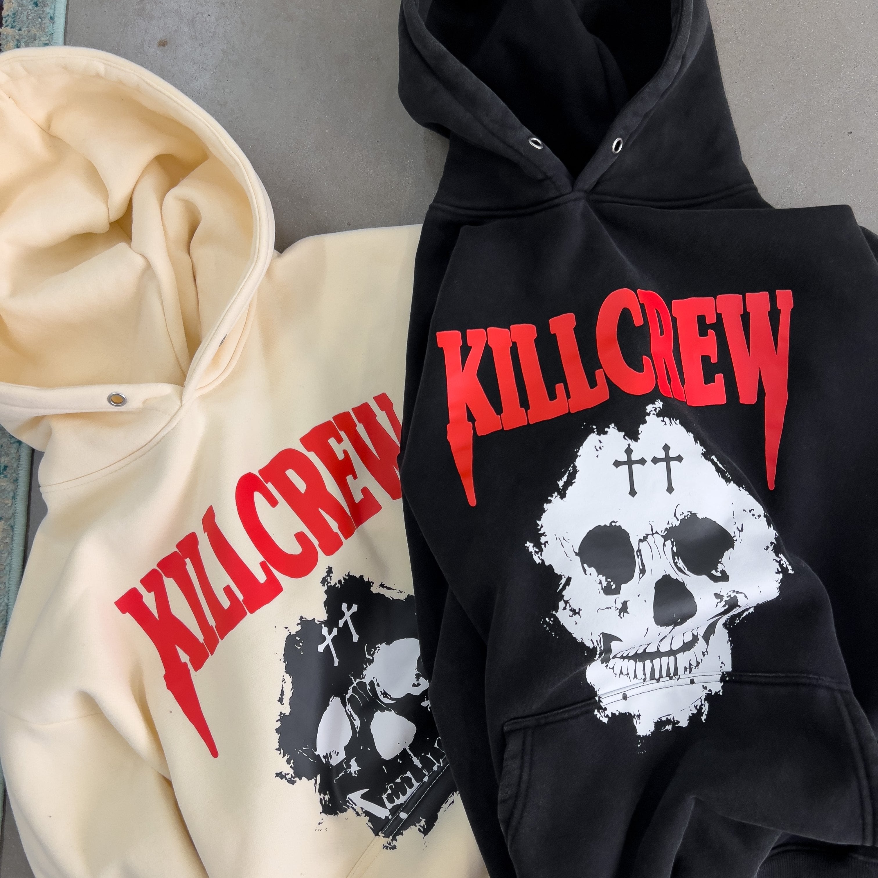 OVERSIZED LUX KILL CREW SKULL HOODIE - CREAM / RED