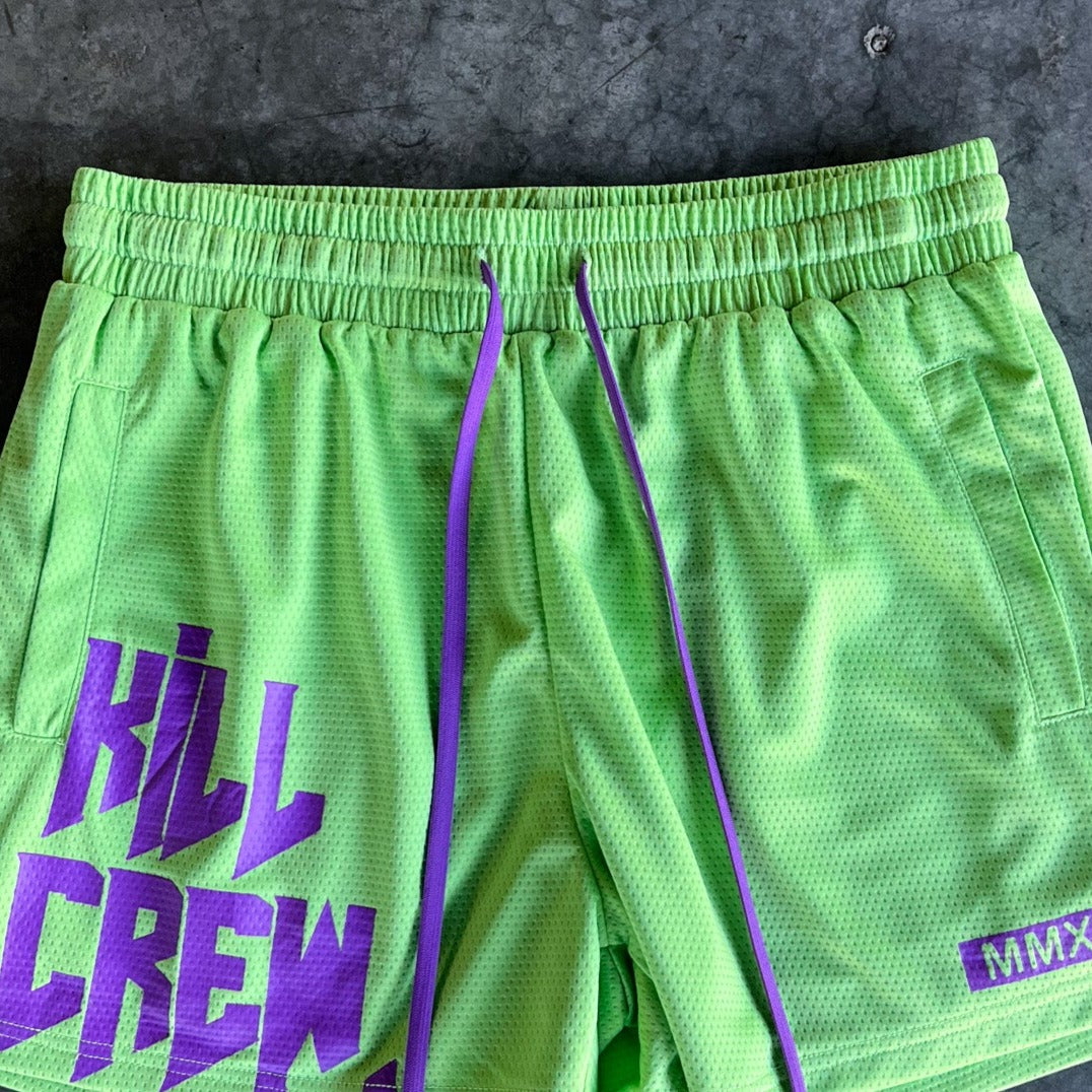 MUAY THAI SHORTS (MID THIGH CUT) - GREEN / PURPLE