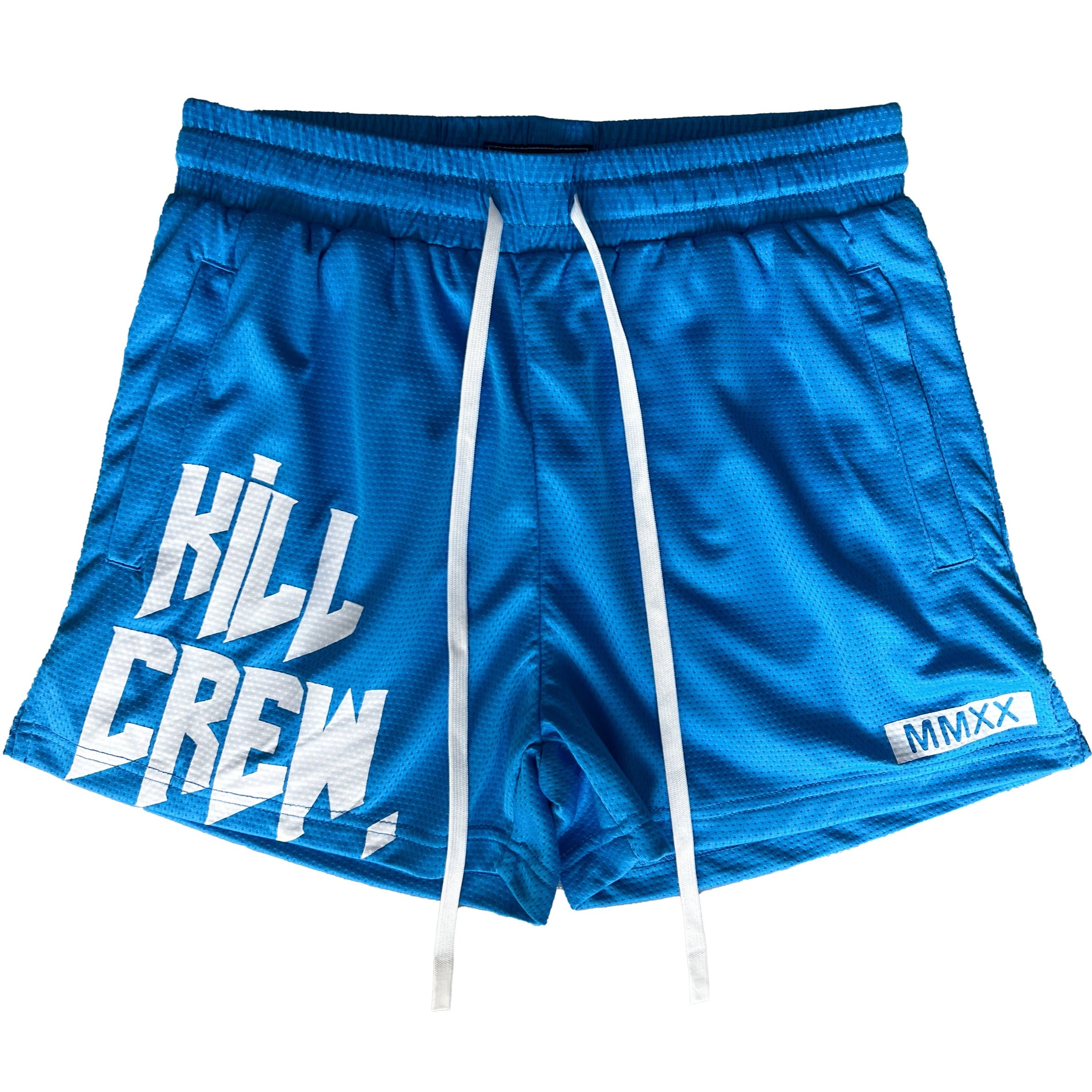 MUAY THAI SHORTS (MID THIGH CUT) - BLUE / WHITE