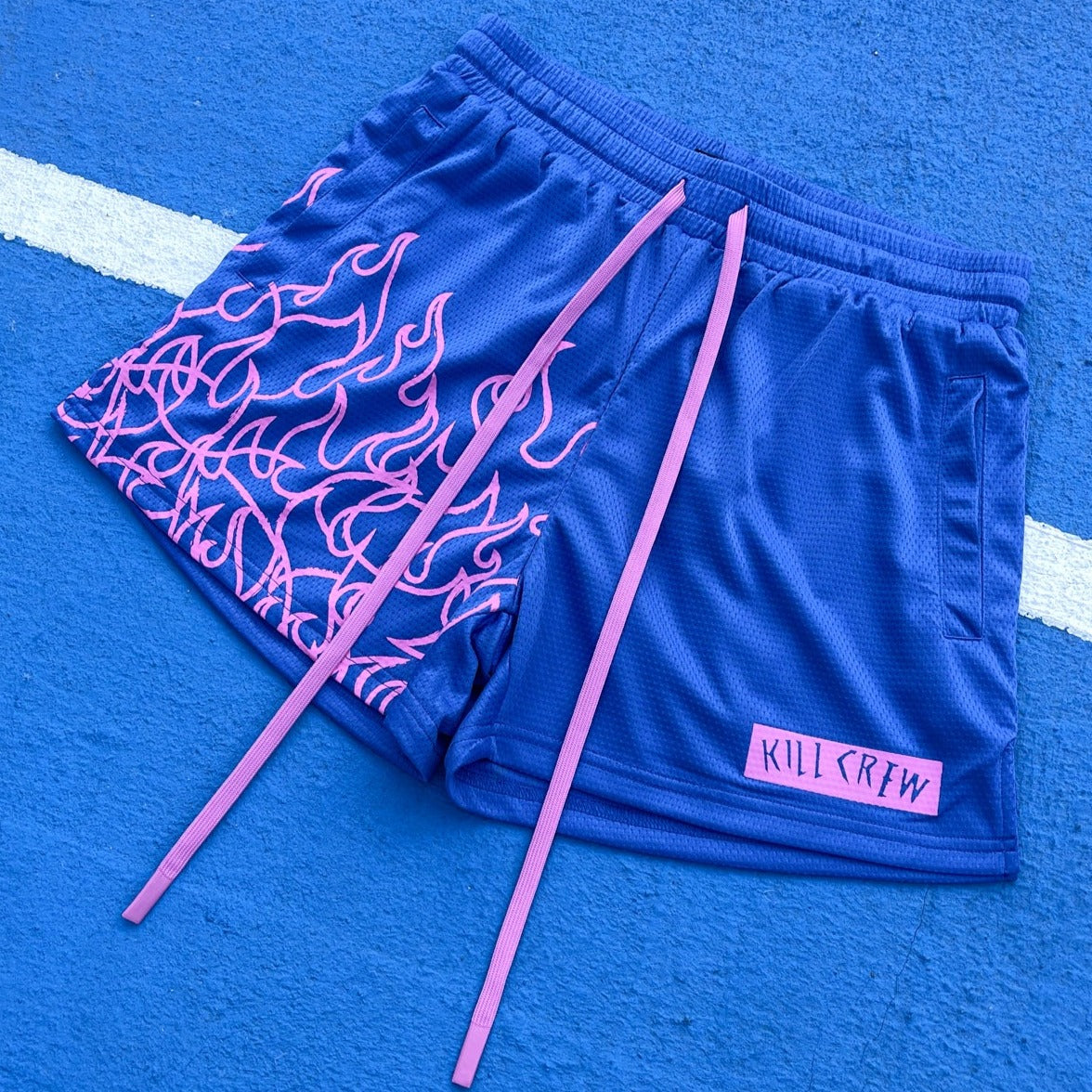 MUAY THAI FLAME SHORTS (MID THIGH CUT) - BLUE / PINK