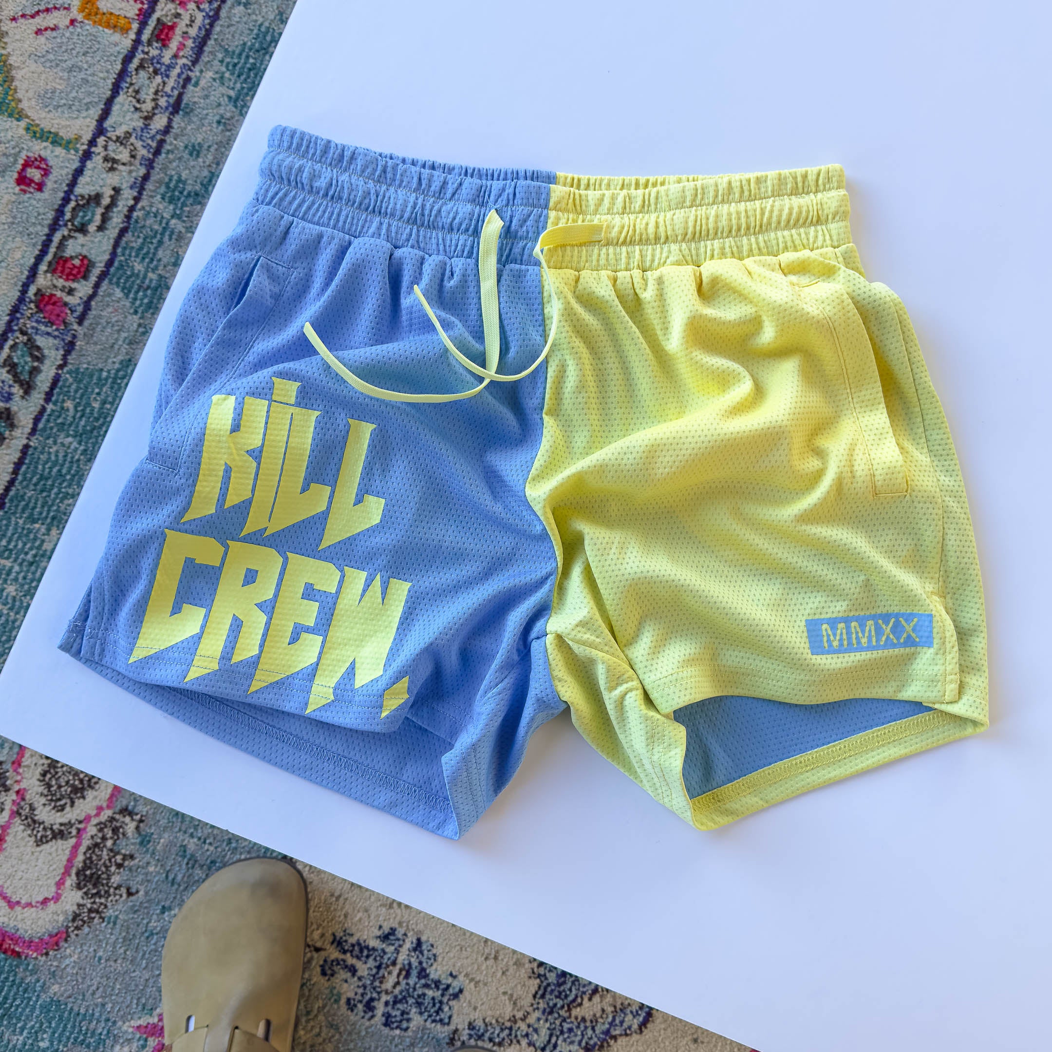 MUAY THAI SHORTS (MID THIGH CUT) 2 TONE - PASTEL BLUE / YELLOW