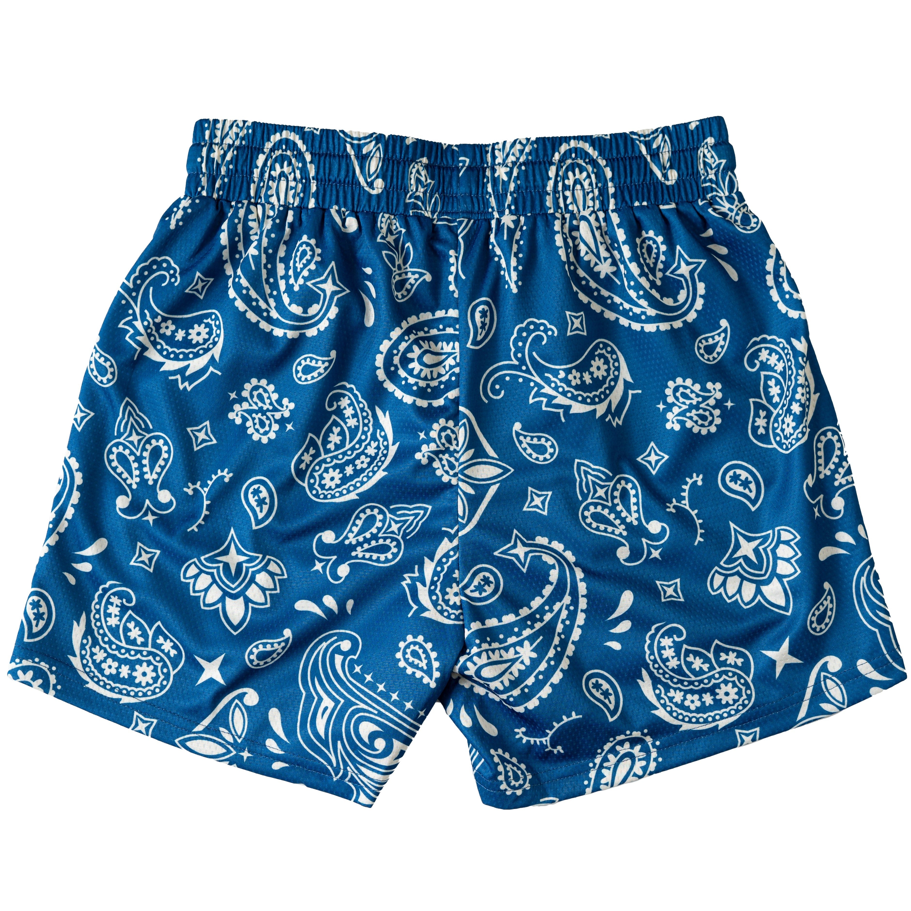 MUAY THAI SHORTS (MID THIGH CUT) BANDANA - BLUE / CREAM