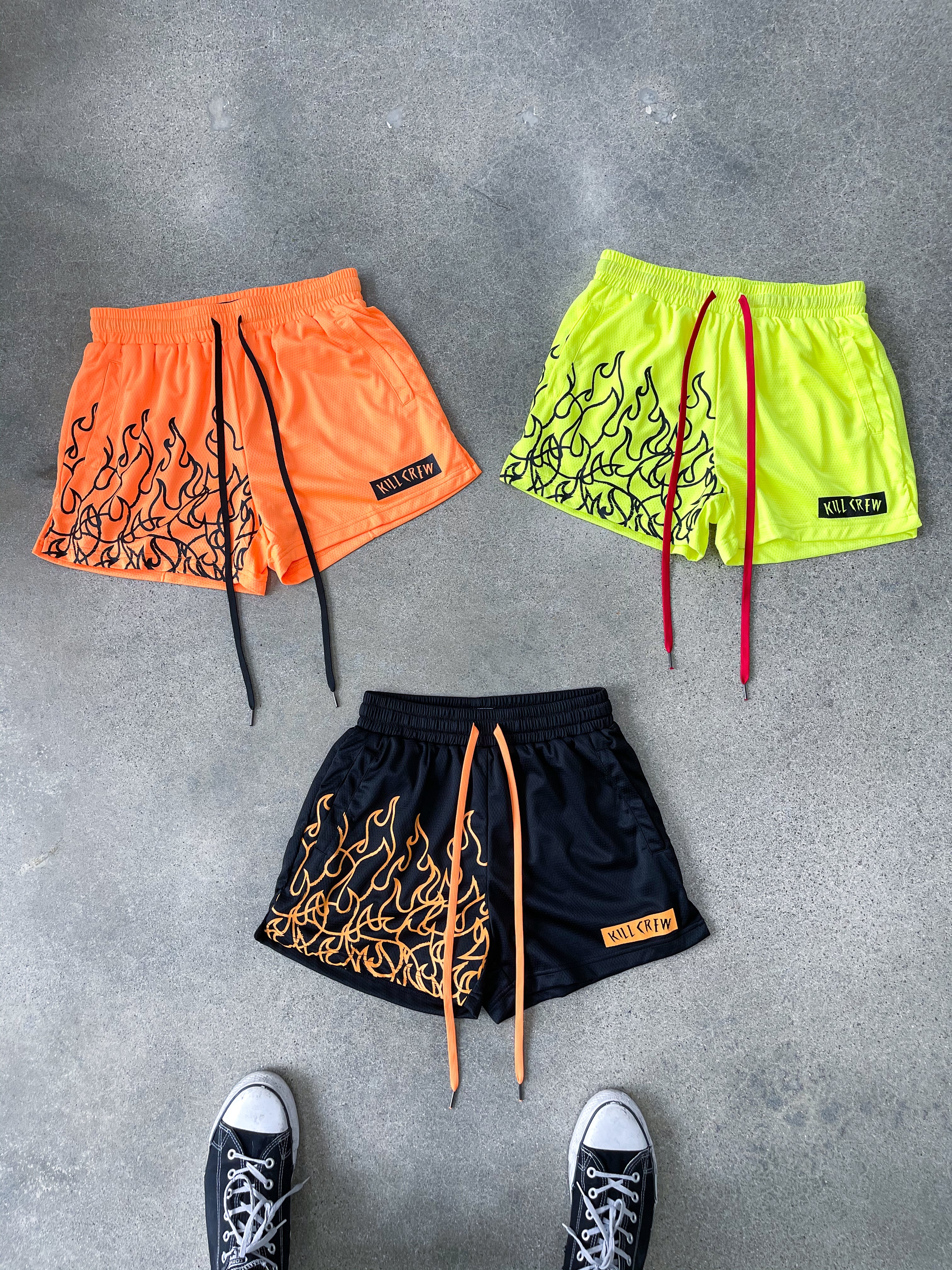 MUAY THAI FLAME SHORTS (MID THIGH CUT) - NEON YELLOW / BLACK