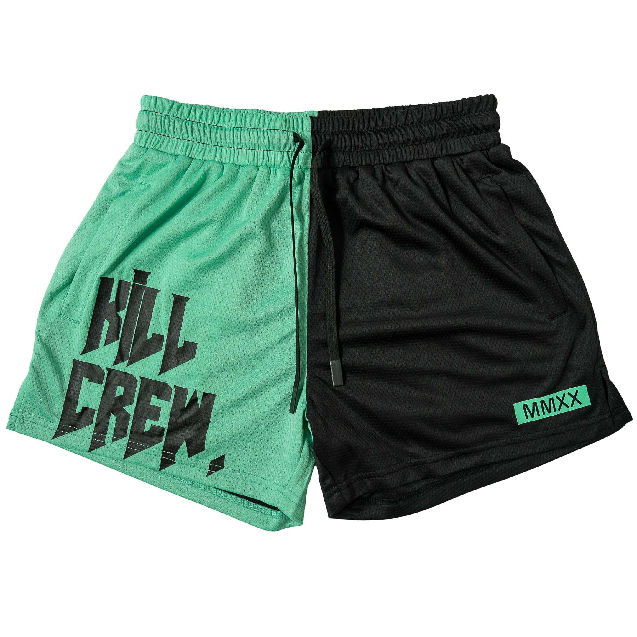 MUAY THAI SHORTS (MID THIGH CUT) 2 TONE - GREEN / BLACK