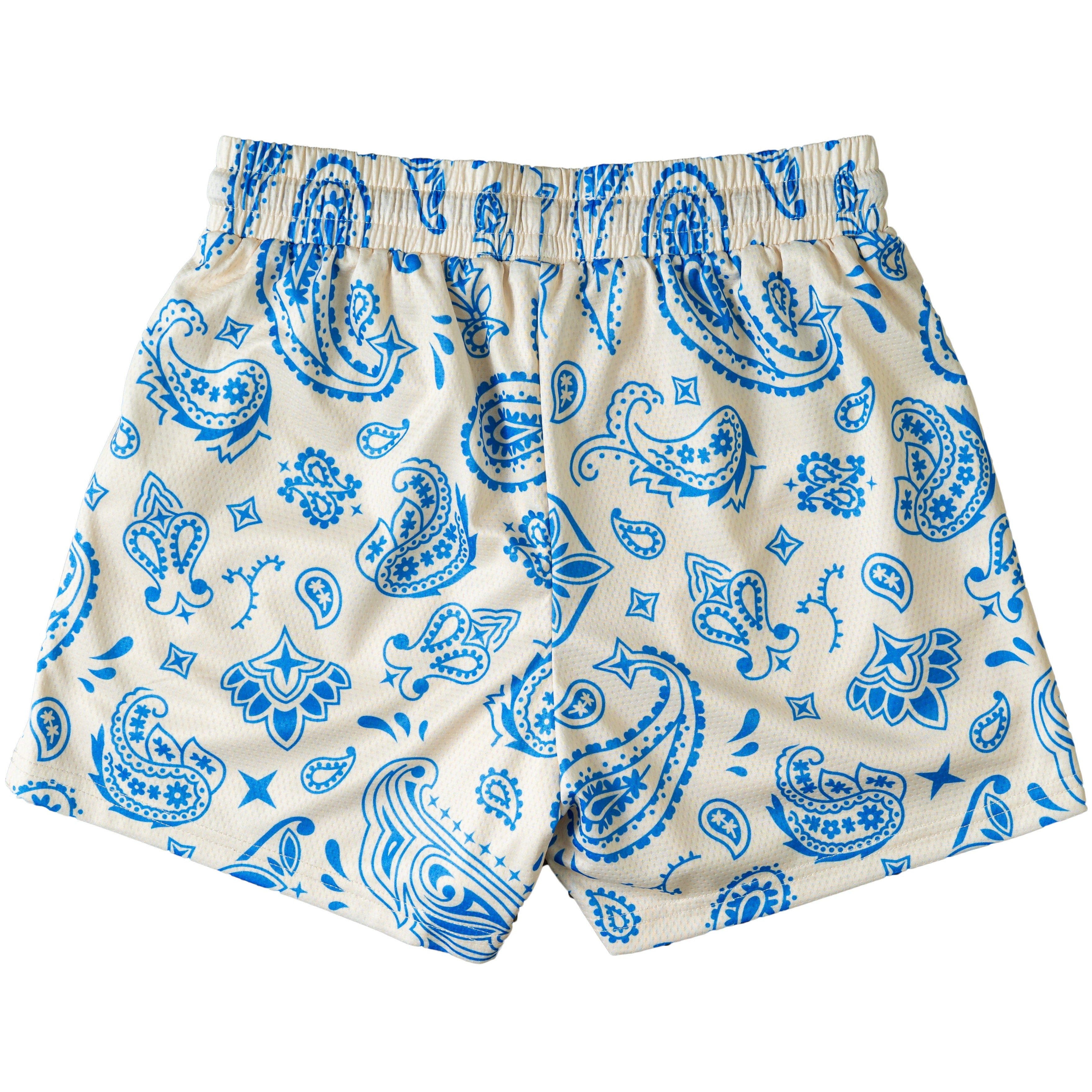 MUAY THAI SHORTS (MID THIGH CUT) BANDANA - CREAM / BLUE