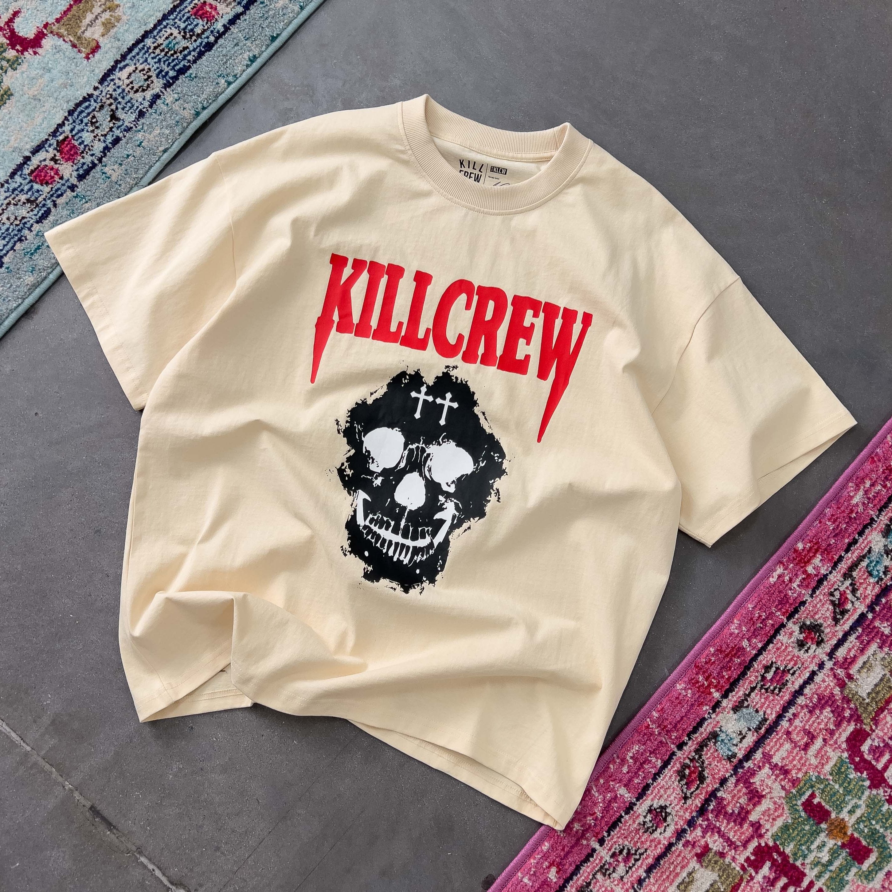 OVERSIZED KILL CREW SKULL T-SHIRT - CREAM / RED