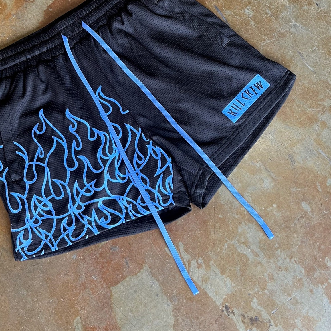 MUAY THAI FLAME SHORTS (MID THIGH CUT) - BLACK / BLUE