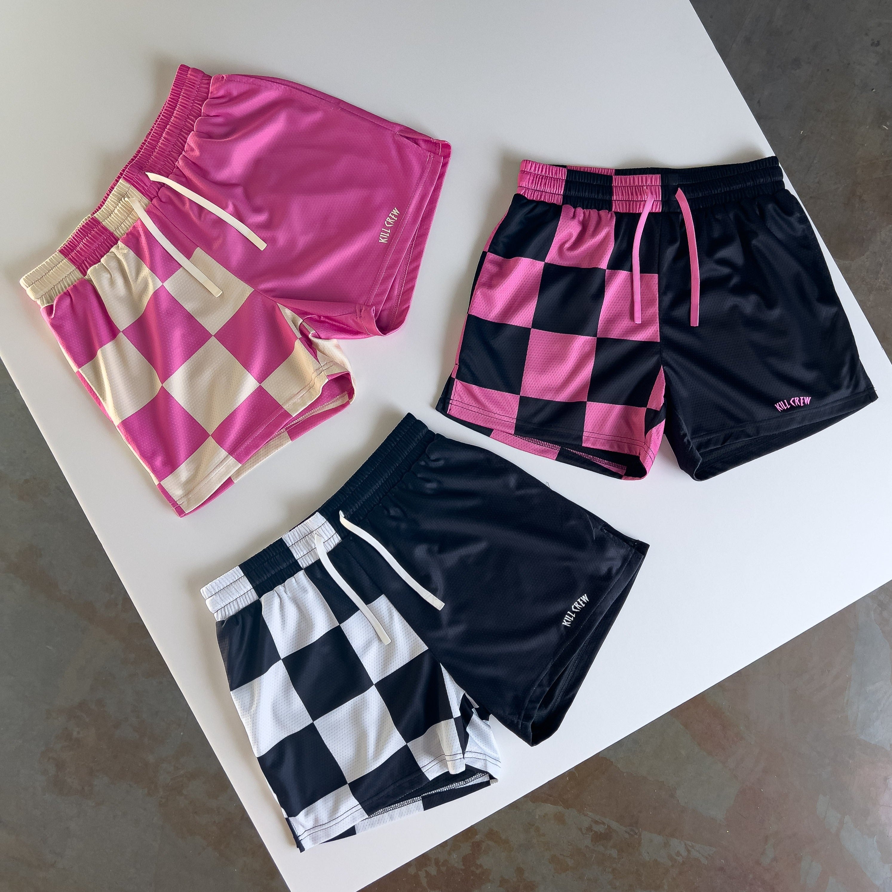 MUAY THAI SHORTS (MID THIGH CUT) CHECKER - PINK / CREAM