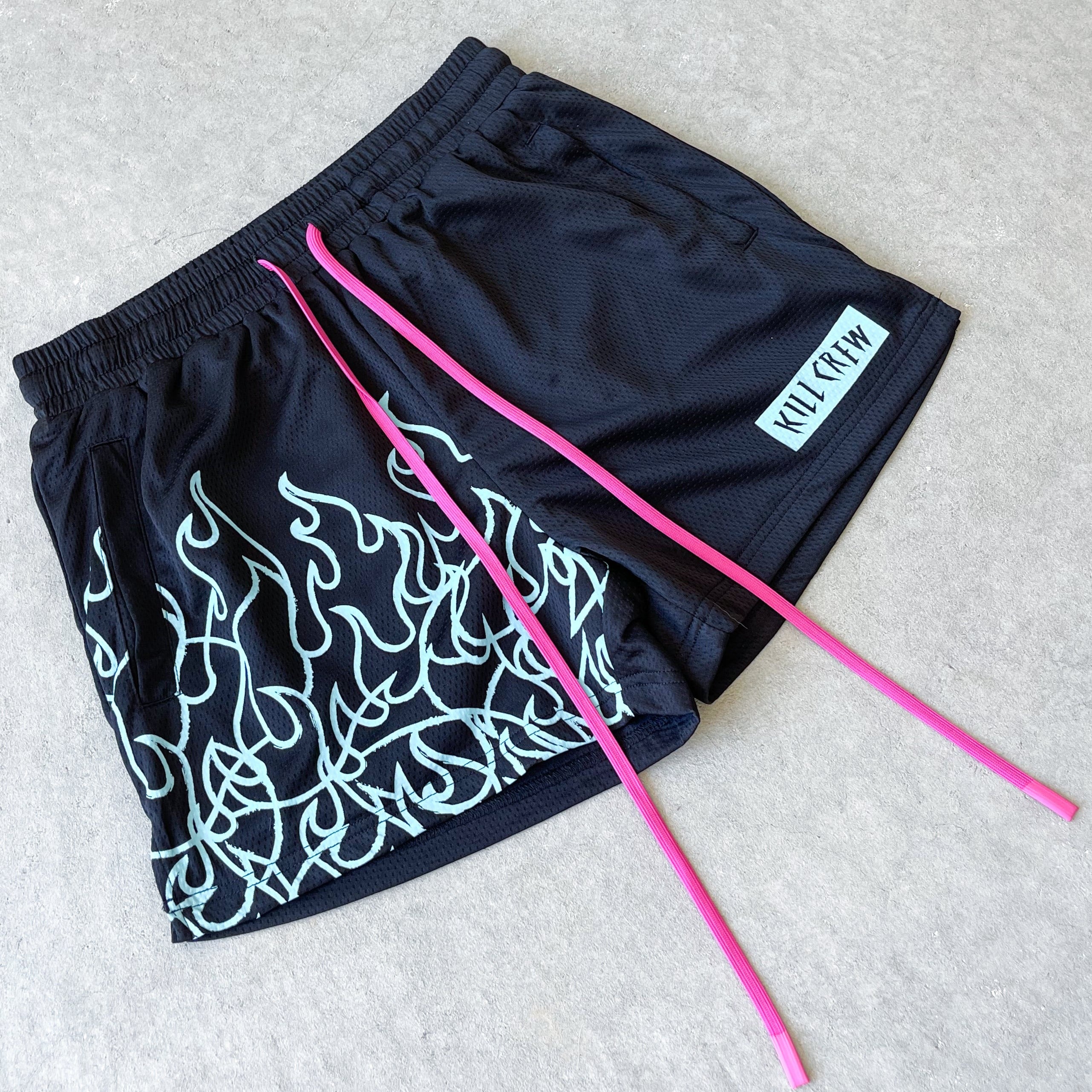 MUAY THAI FLAME SHORTS (MID THIGH CUT) - BLACK / TEAL