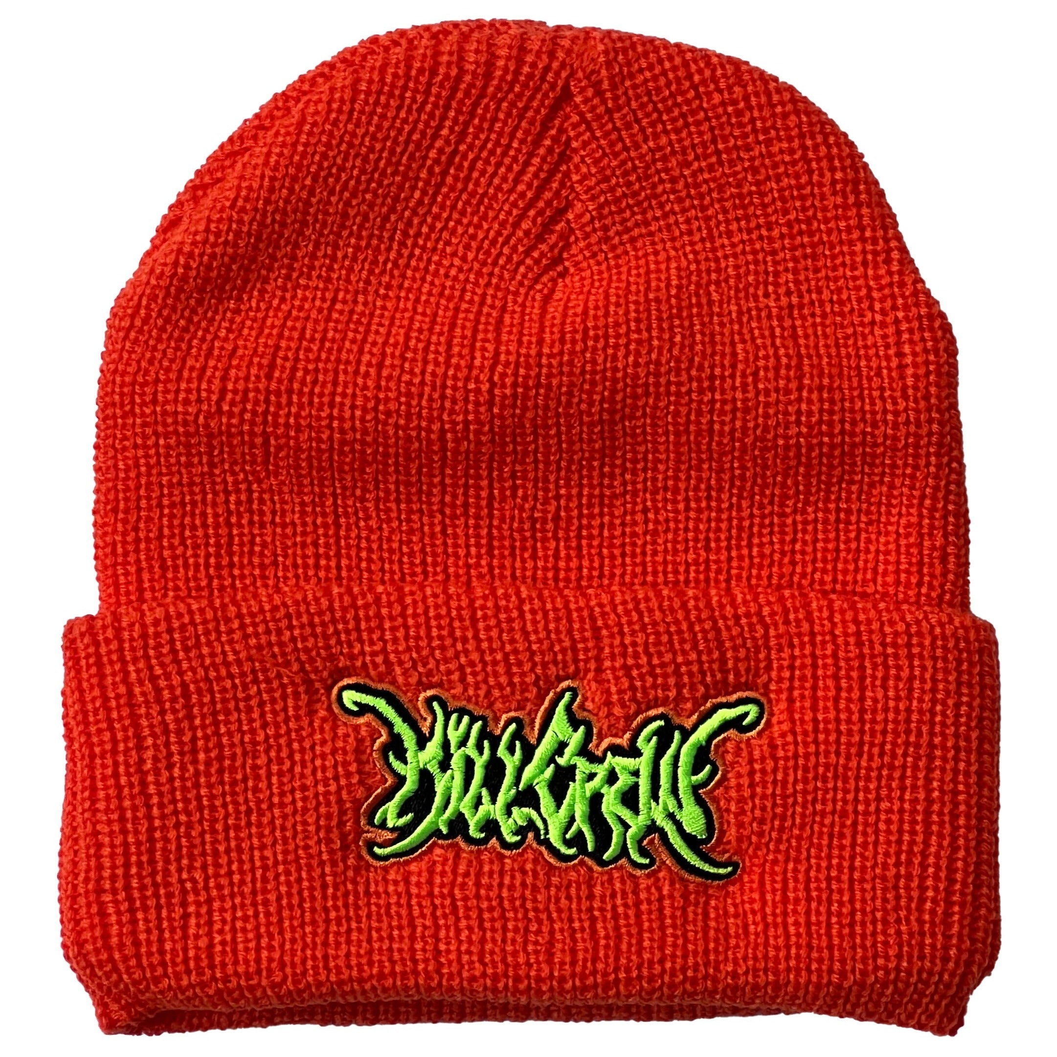 EMBROIDERED CUFFED BEANIE - ORANGE / GREEN