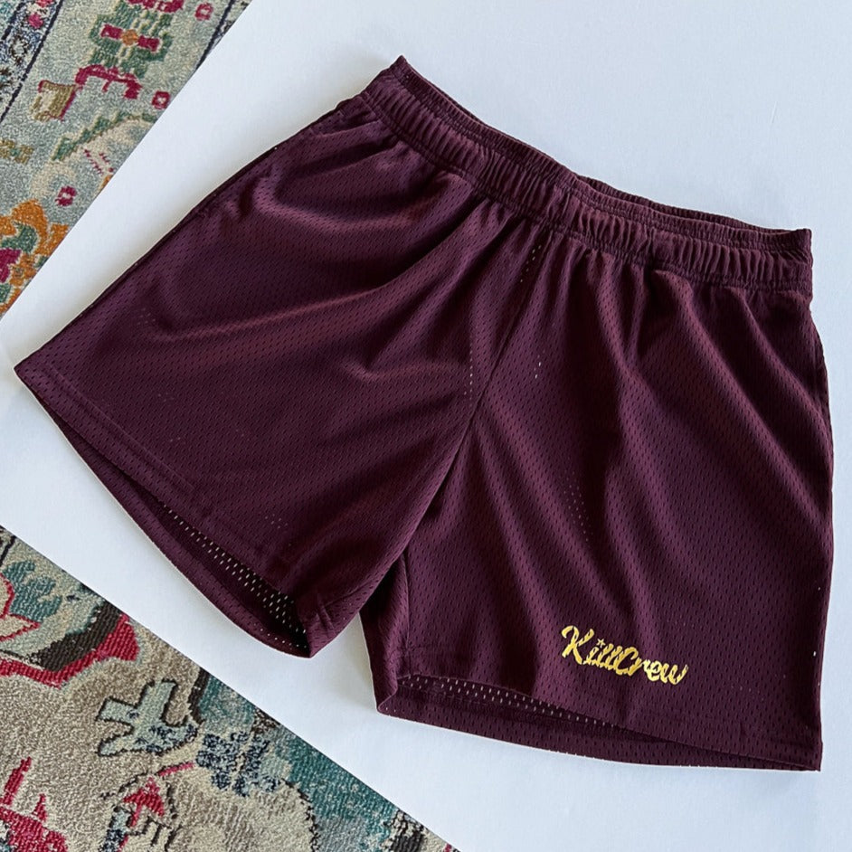 VENTED MESH SCRIPT SHORTS - MAROON / GOLD