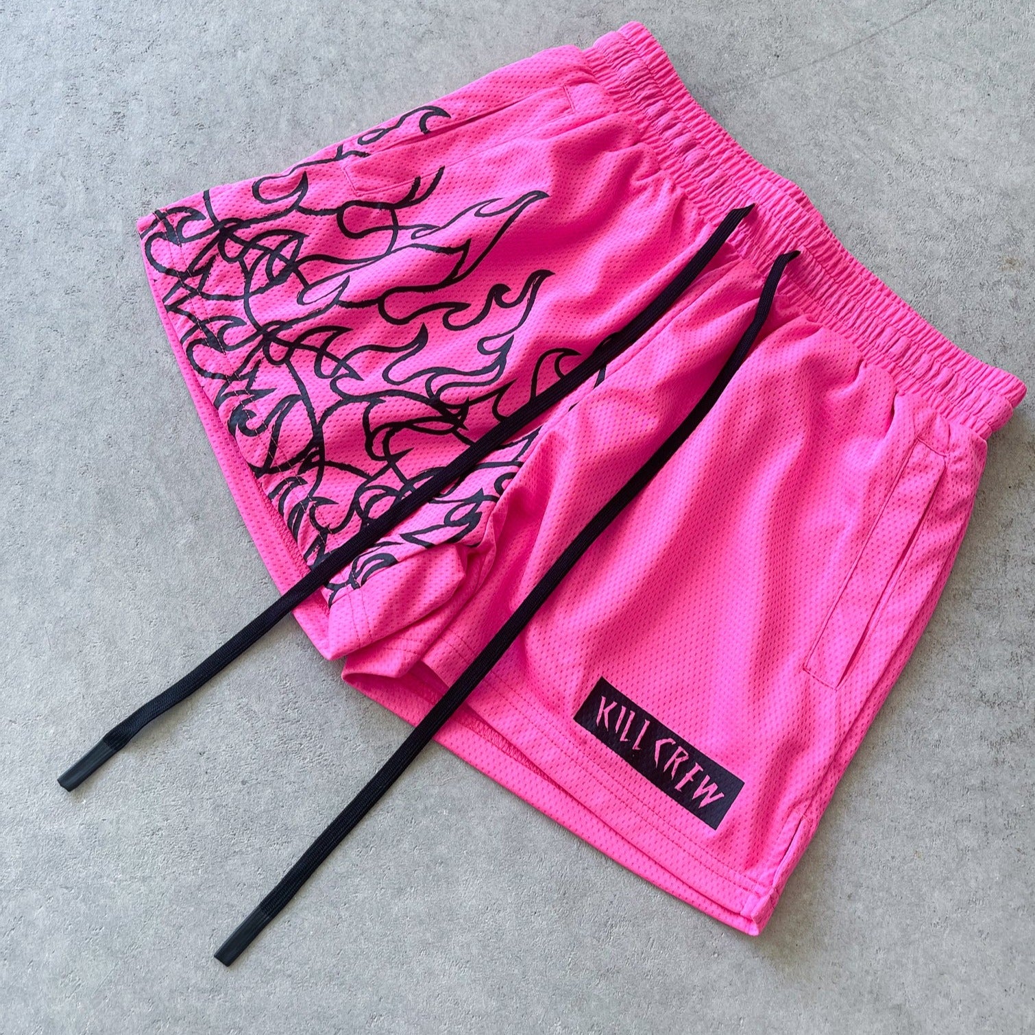 MUAY THAI FLAME SHORTS (MID THIGH CUT) - PINK / BLACK