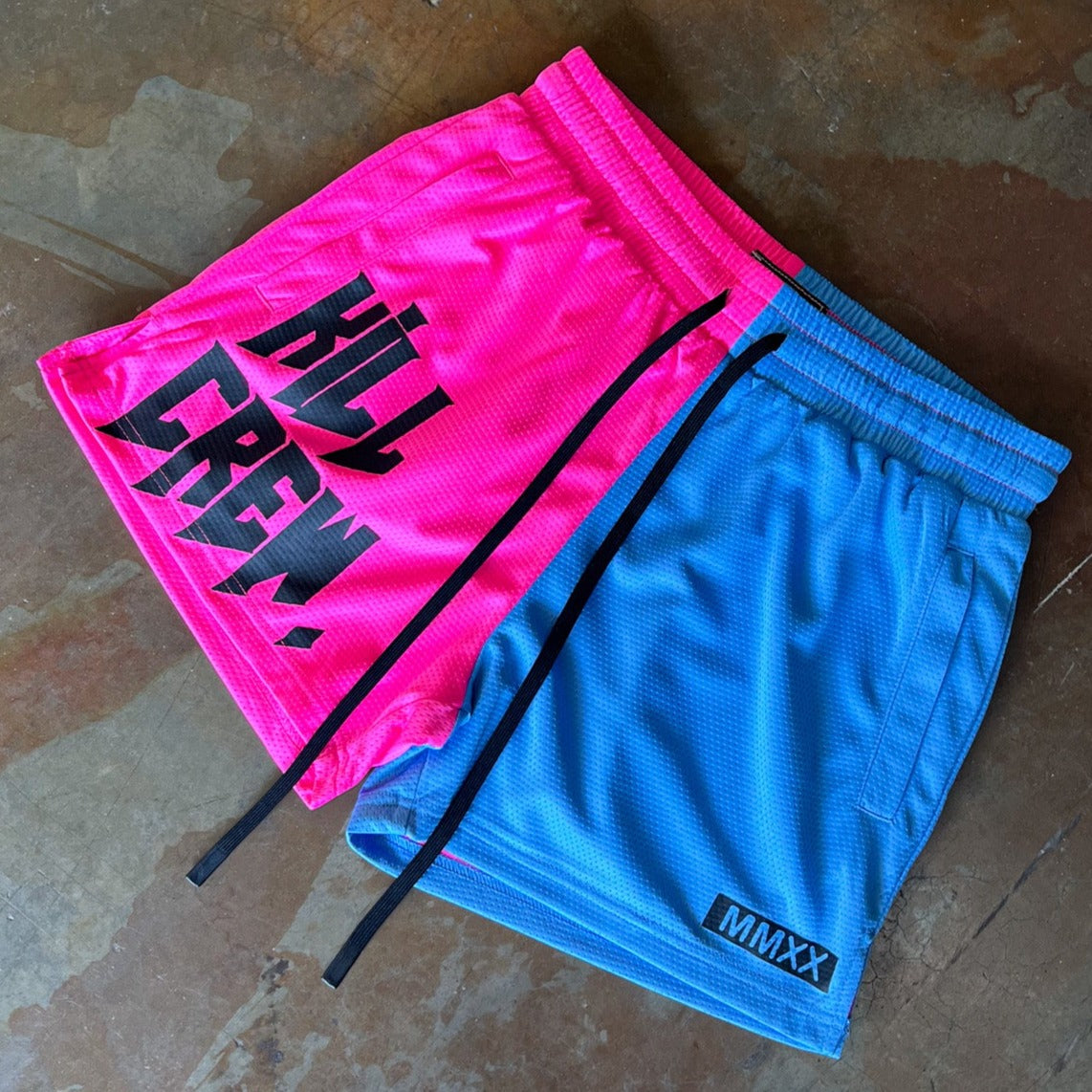 MUAY THAI SHORTS (MID THIGH CUT) 2 TONE - PINK / BLUE