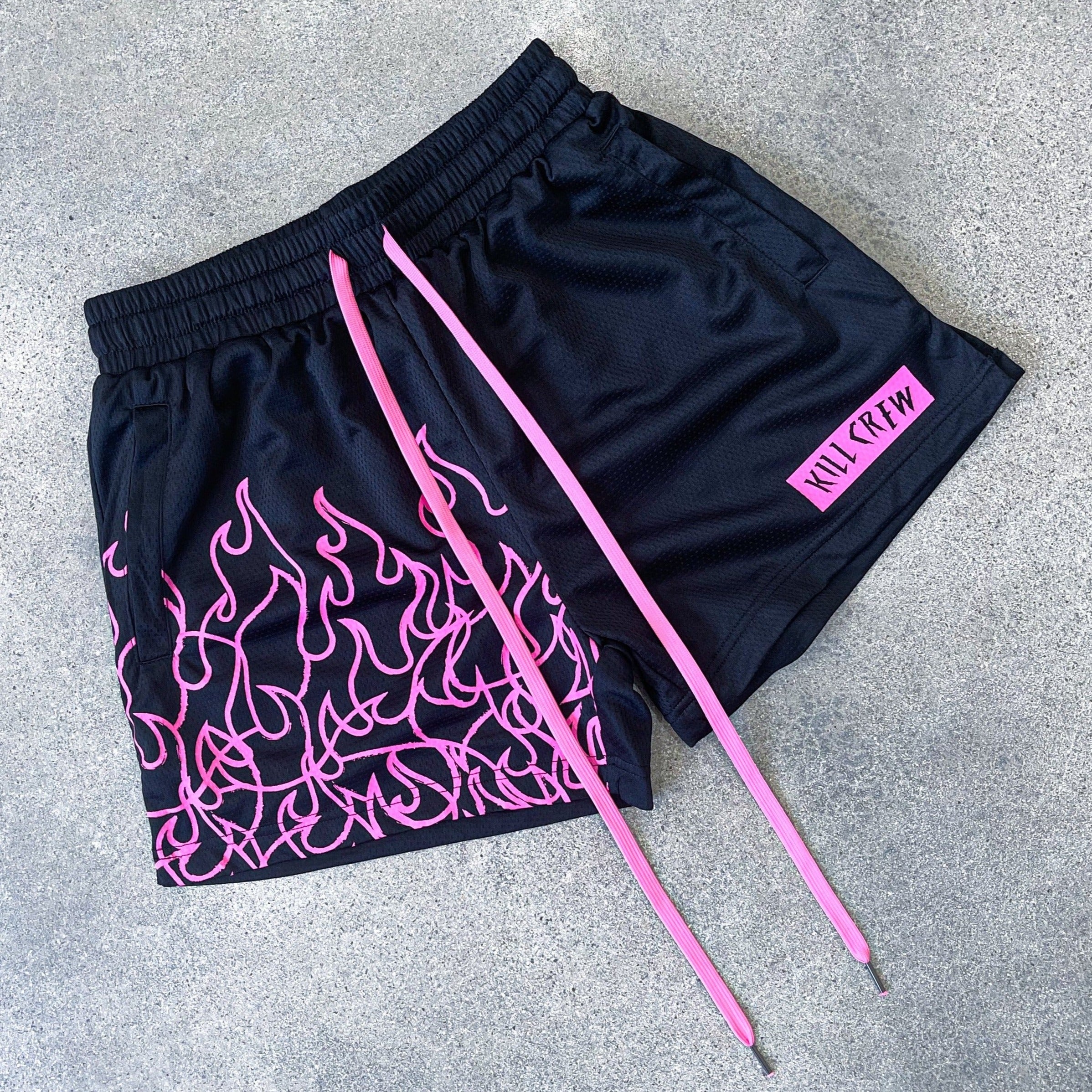 MUAY THAI FLAME SHORTS (MID THIGH CUT) - BLACK / PINK