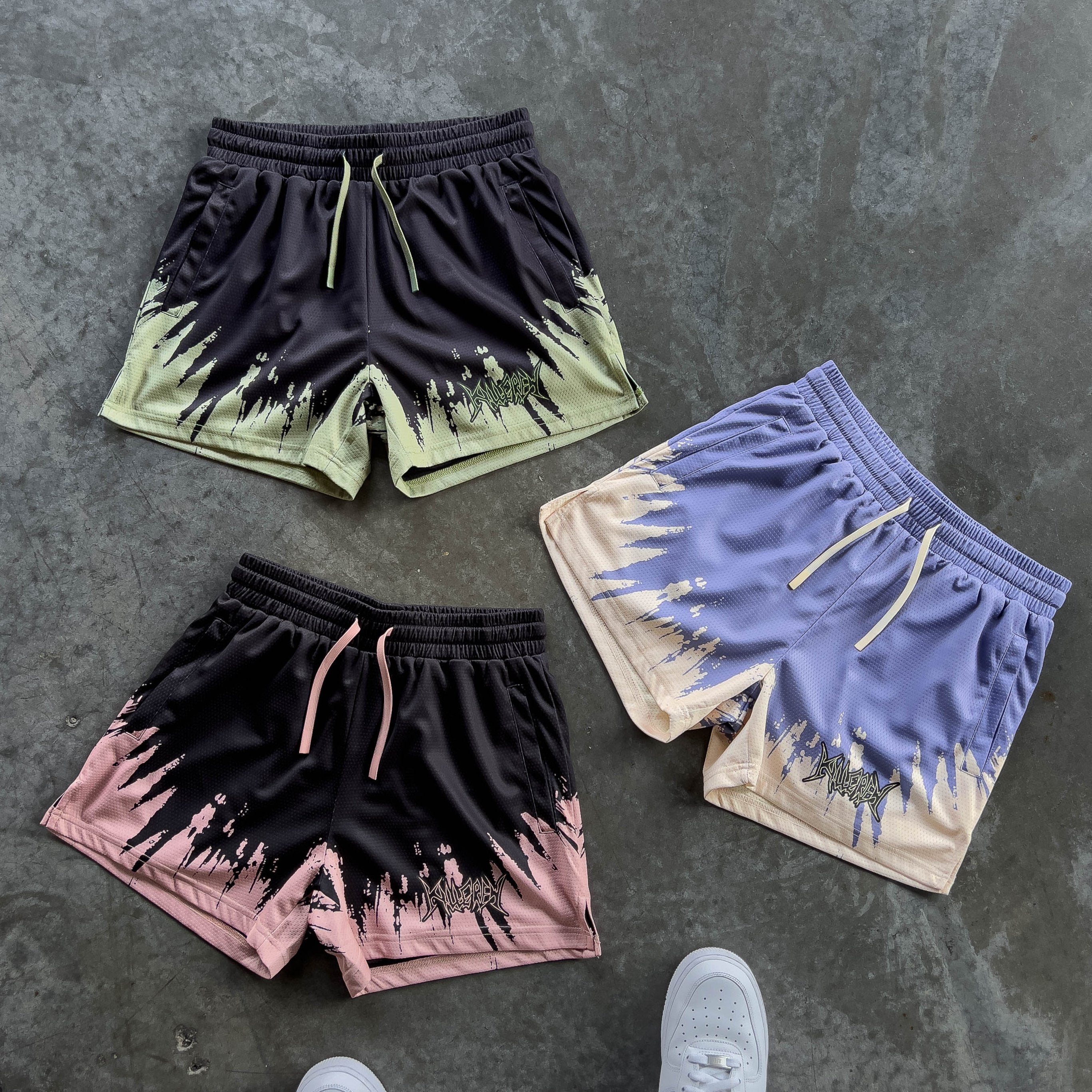 MUAY THAI SHORTS (MID THIGH CUT) SHATTER - BLACK / OLIVE