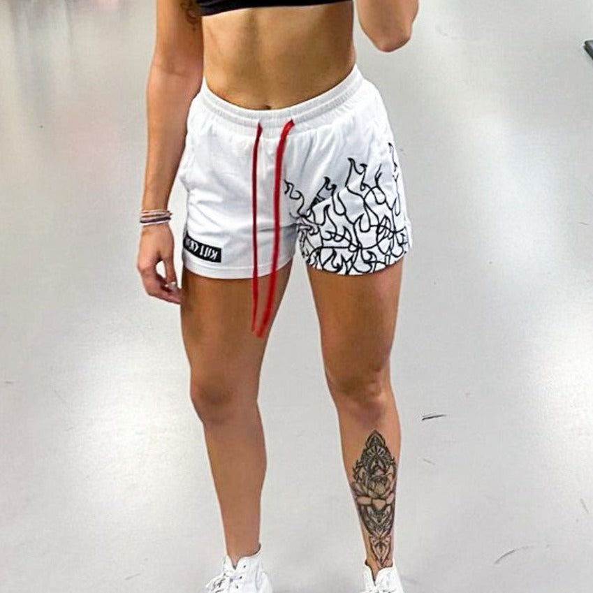 MUAY THAI FLAME SHORTS (MID THIGH CUT) - WHITE / BLACK