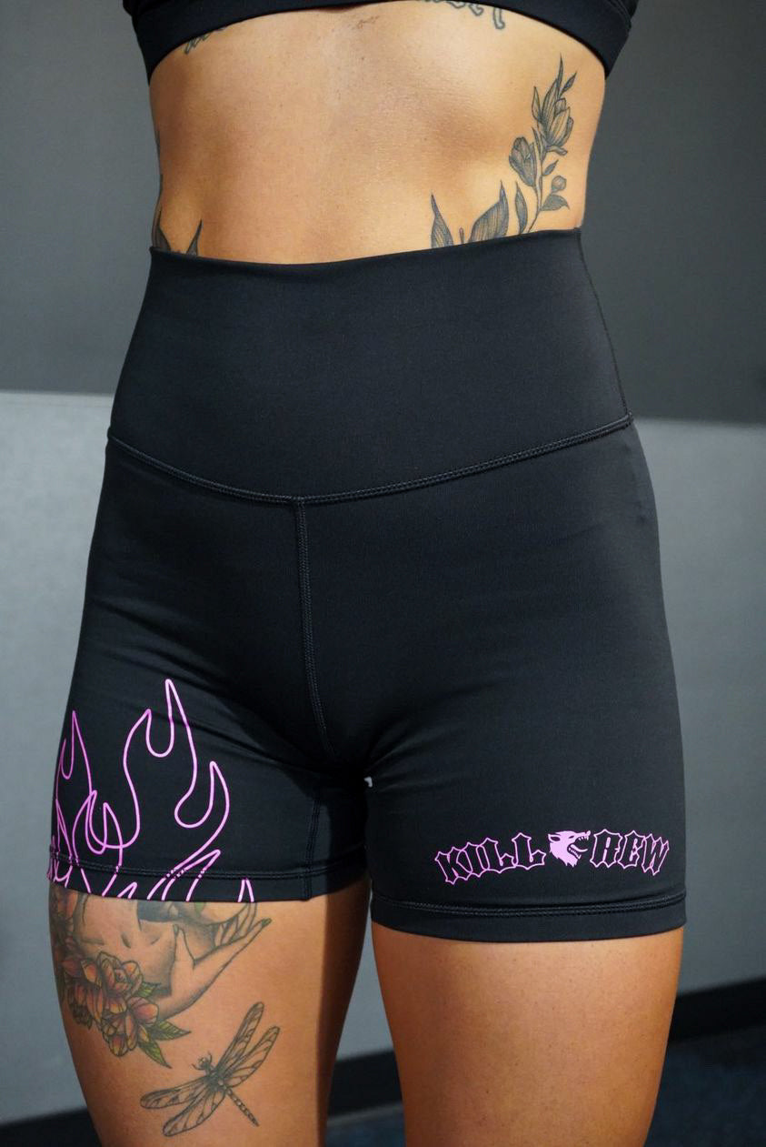 SCRUNCH FLAMES BIKER SHORTS - BLACK / PINK