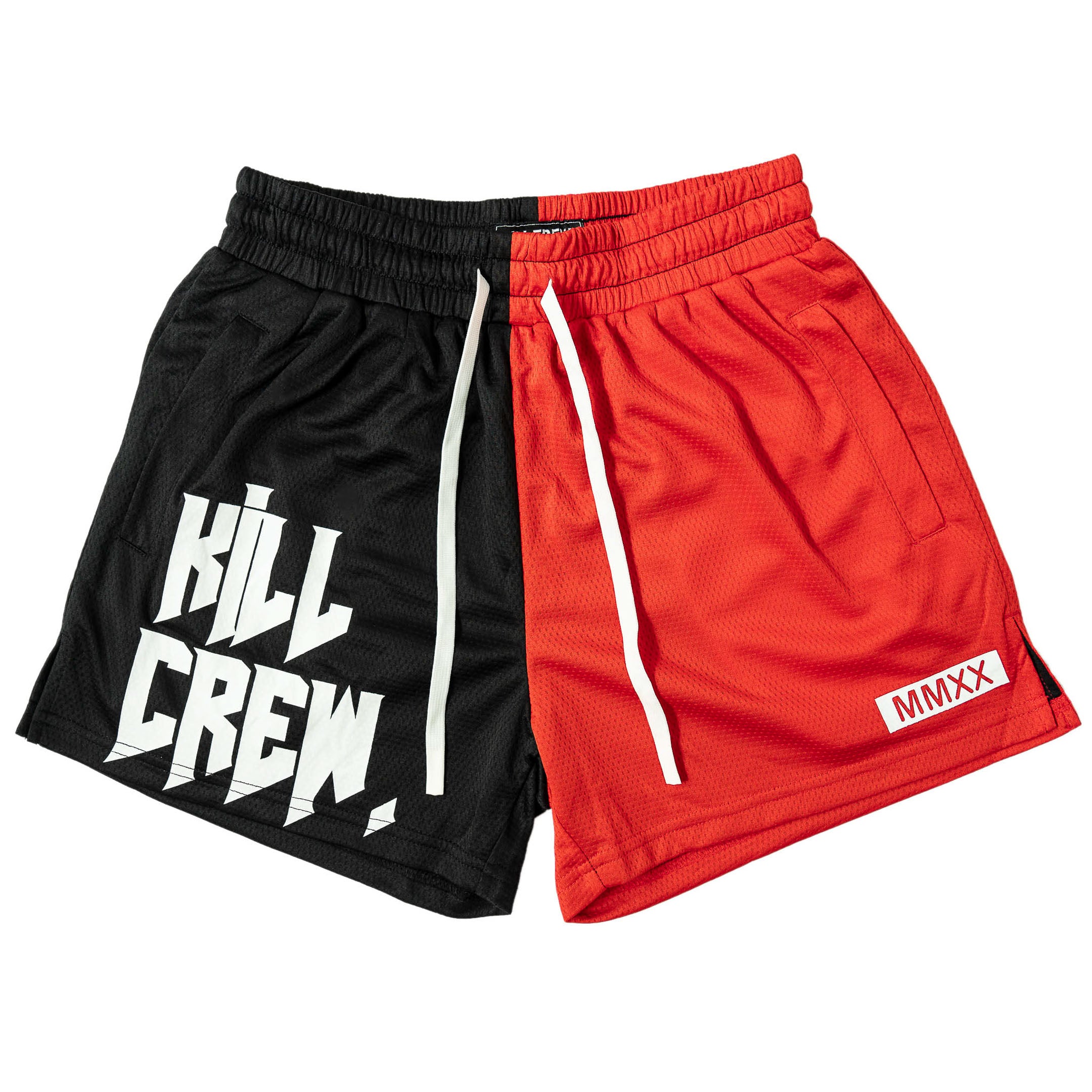 MUAY THAI SHORTS (MID THIGH CUT) 2 TONE - BLACK / RED