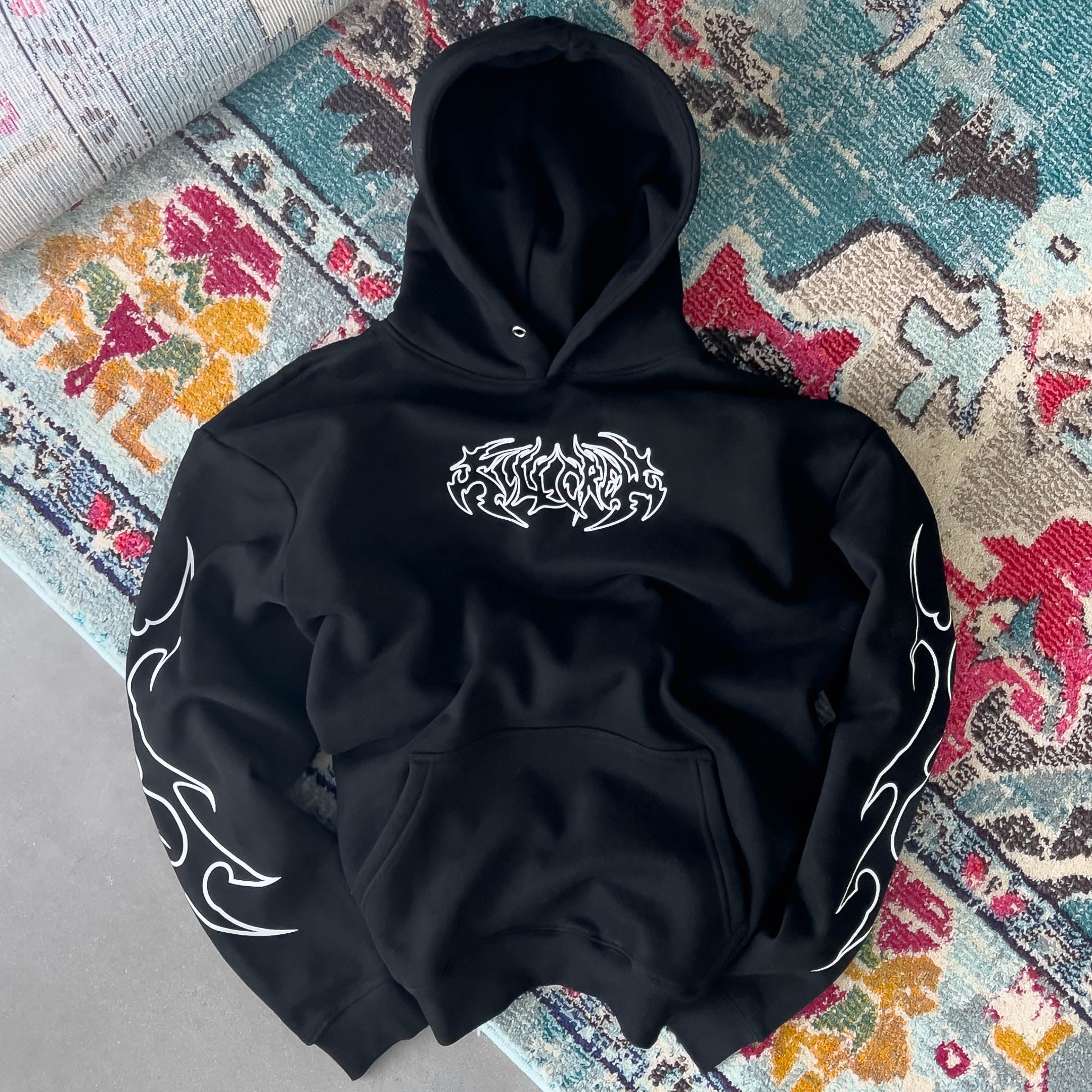 OVERSIZED LUX TRIBAL HOODIE - BLACK / WHITE