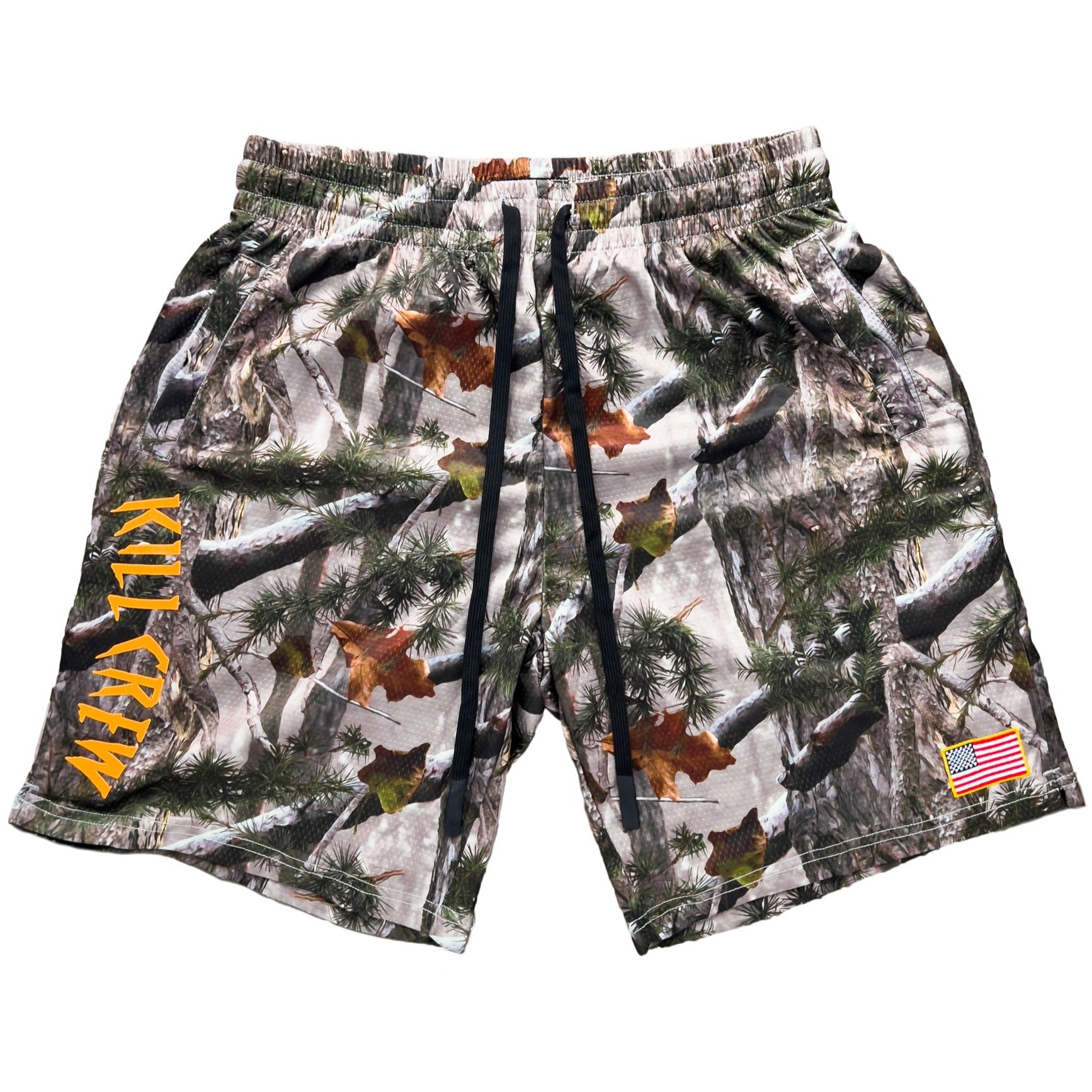 EMBROIDERED FLAG SHORTS - CAMO / ORANGE