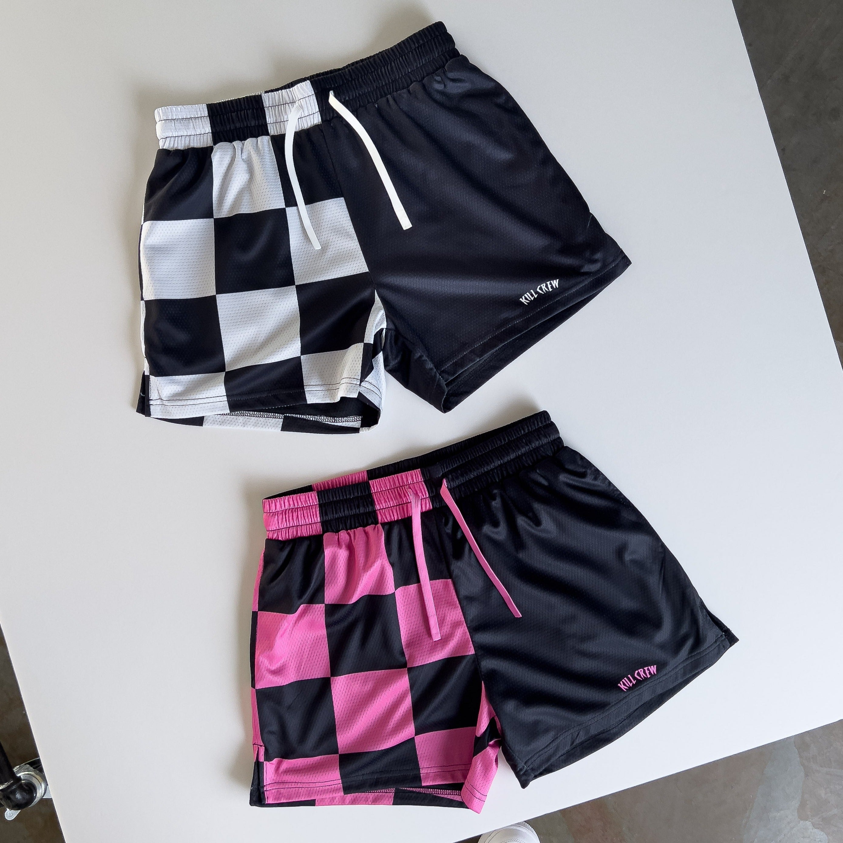 MUAY THAI SHORTS (MID THIGH CUT) CHECKER - BLACK / PINK