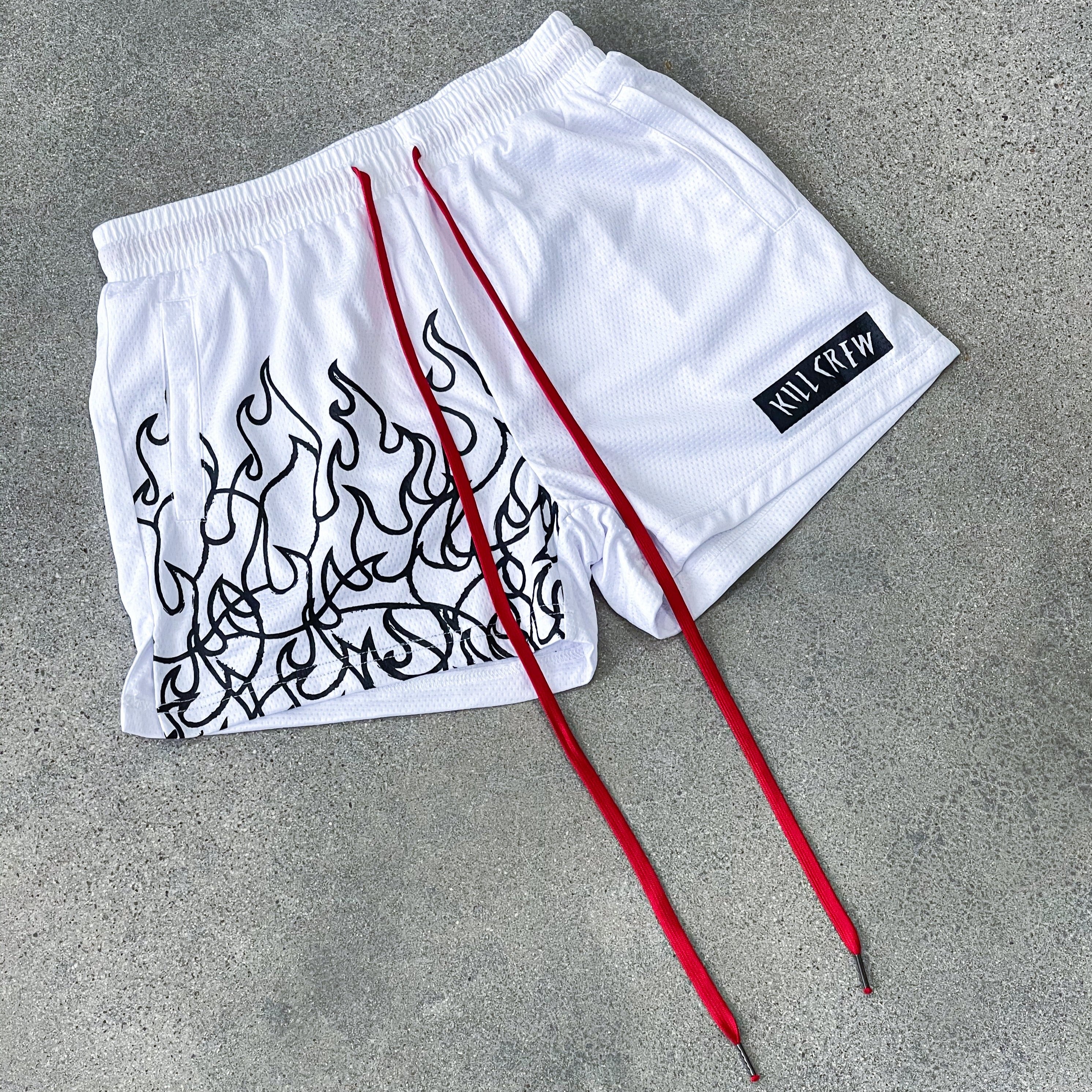 MUAY THAI FLAME SHORTS (MID THIGH CUT) - WHITE / BLACK