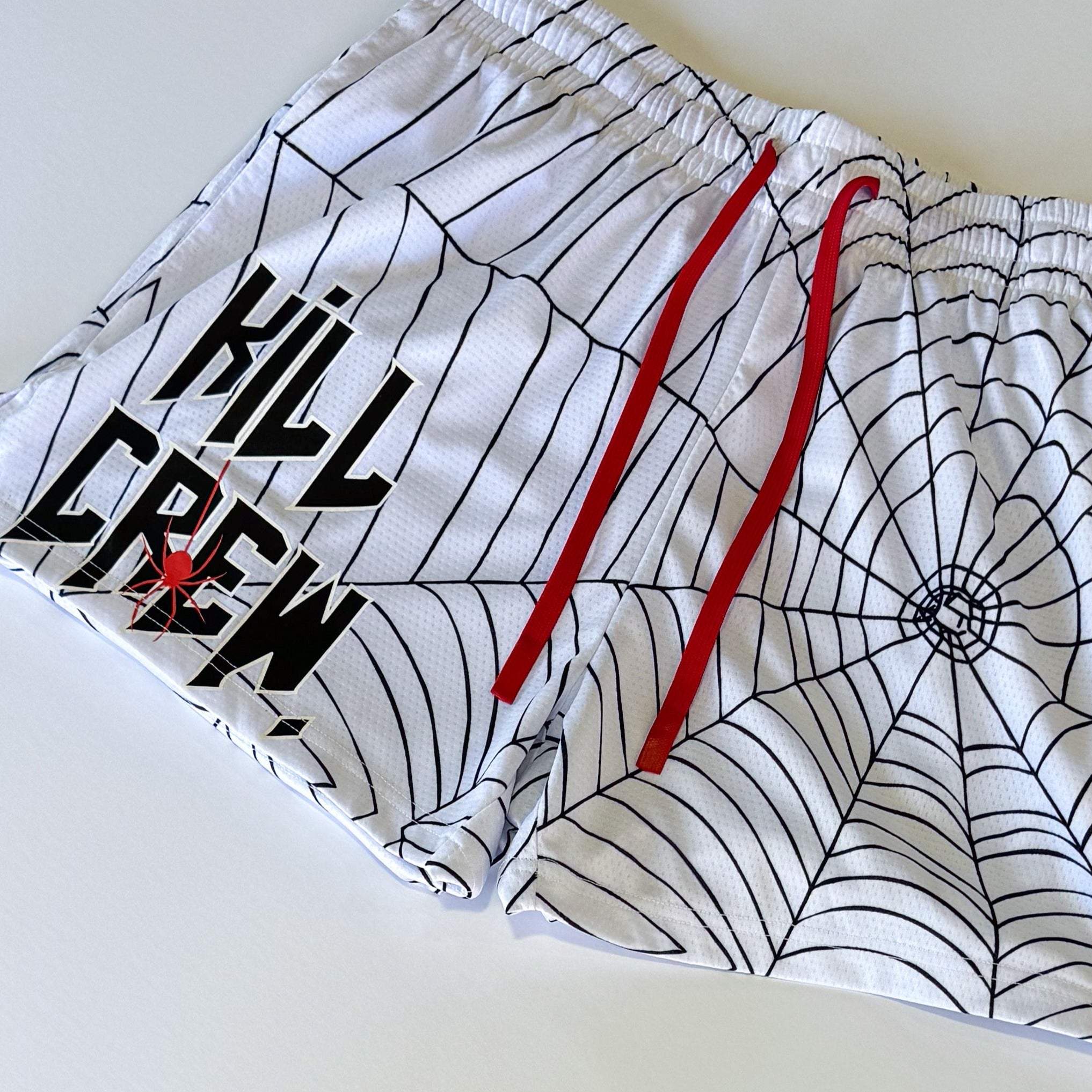 MUAY THAI SHORTS (MID THIGH CUT) SPIDER - WHITE / BLACK