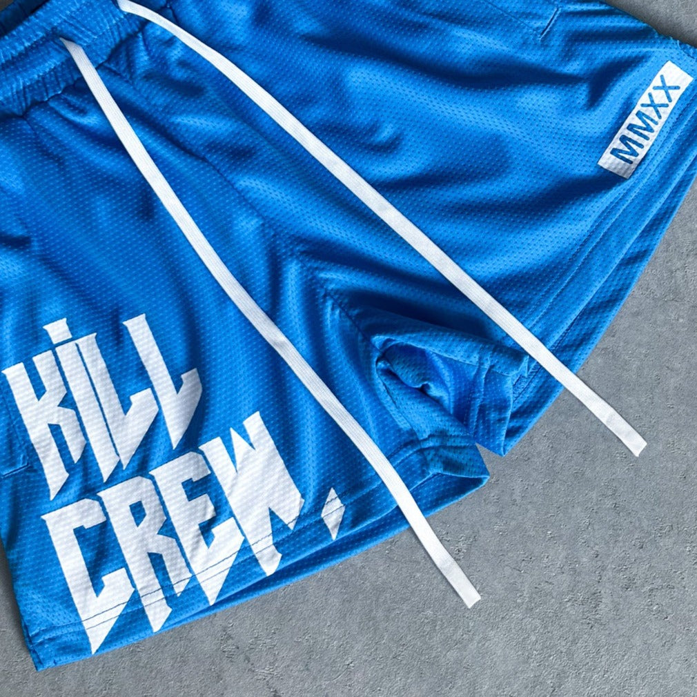 MUAY THAI SHORTS (MID THIGH CUT) - BLUE / WHITE