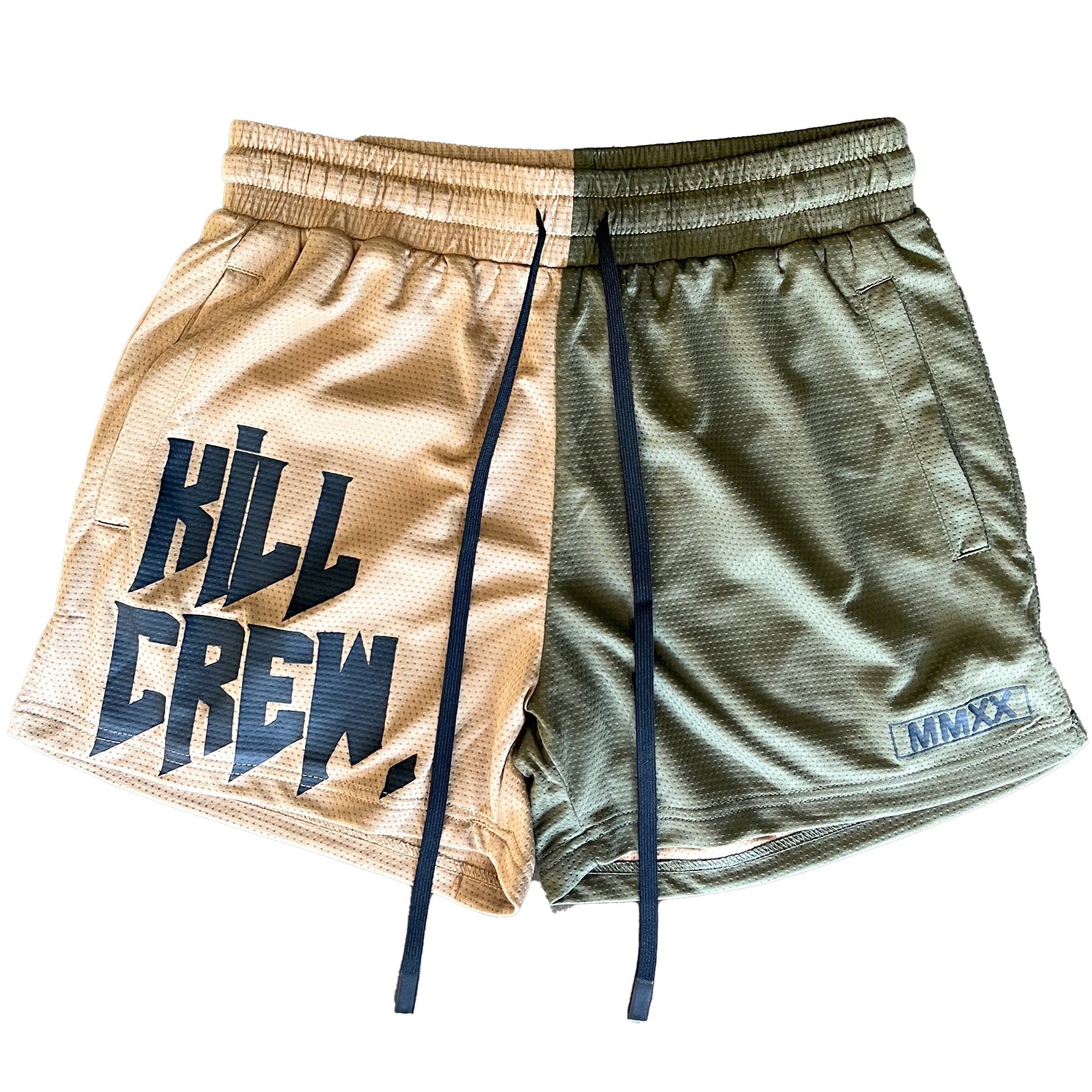 MUAY THAI SHORTS (MID THIGH CUT) 2 TONE - SAND / OLIVE