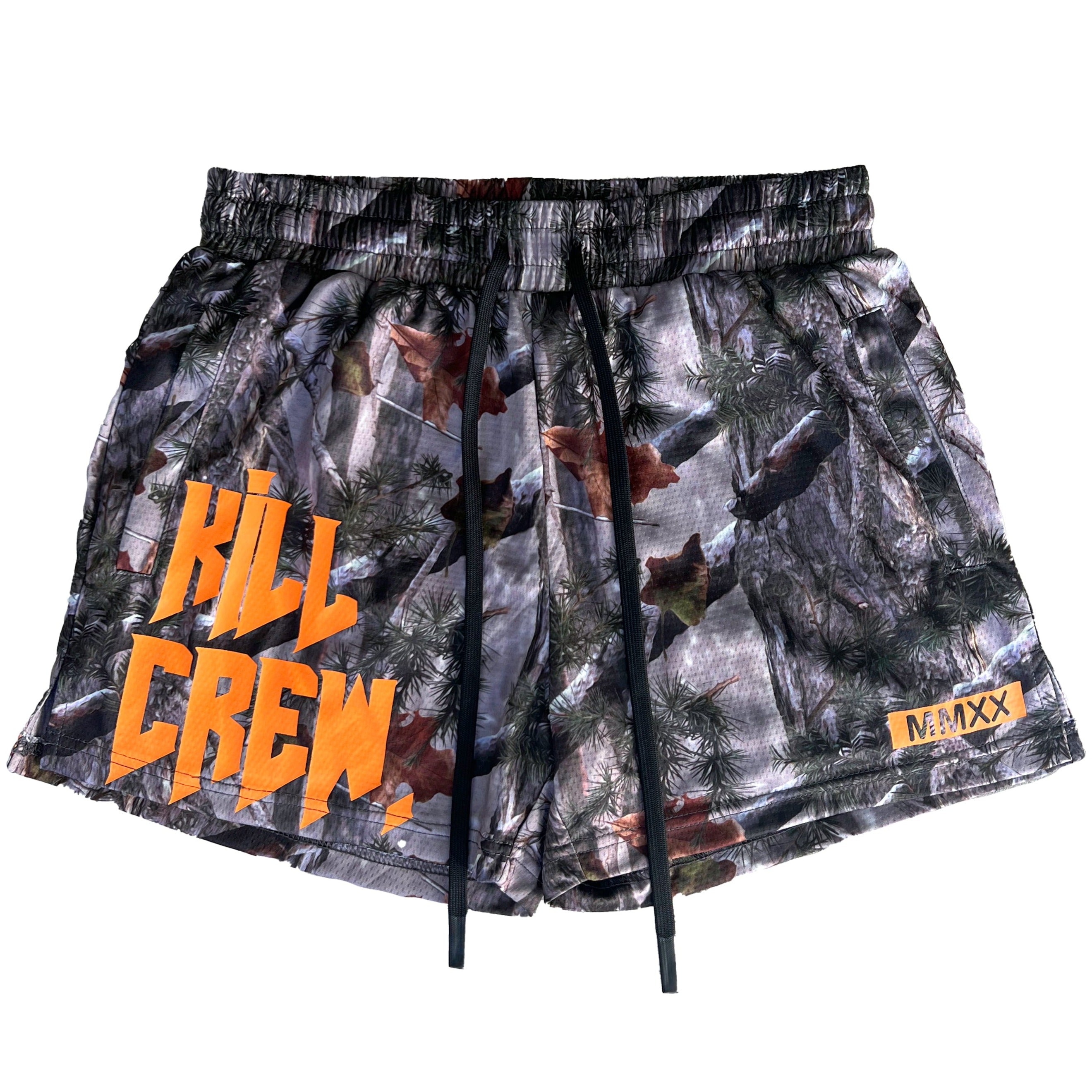 MUAY THAI SHORTS (MID THIGH CUT) - CAMO / ORANGE