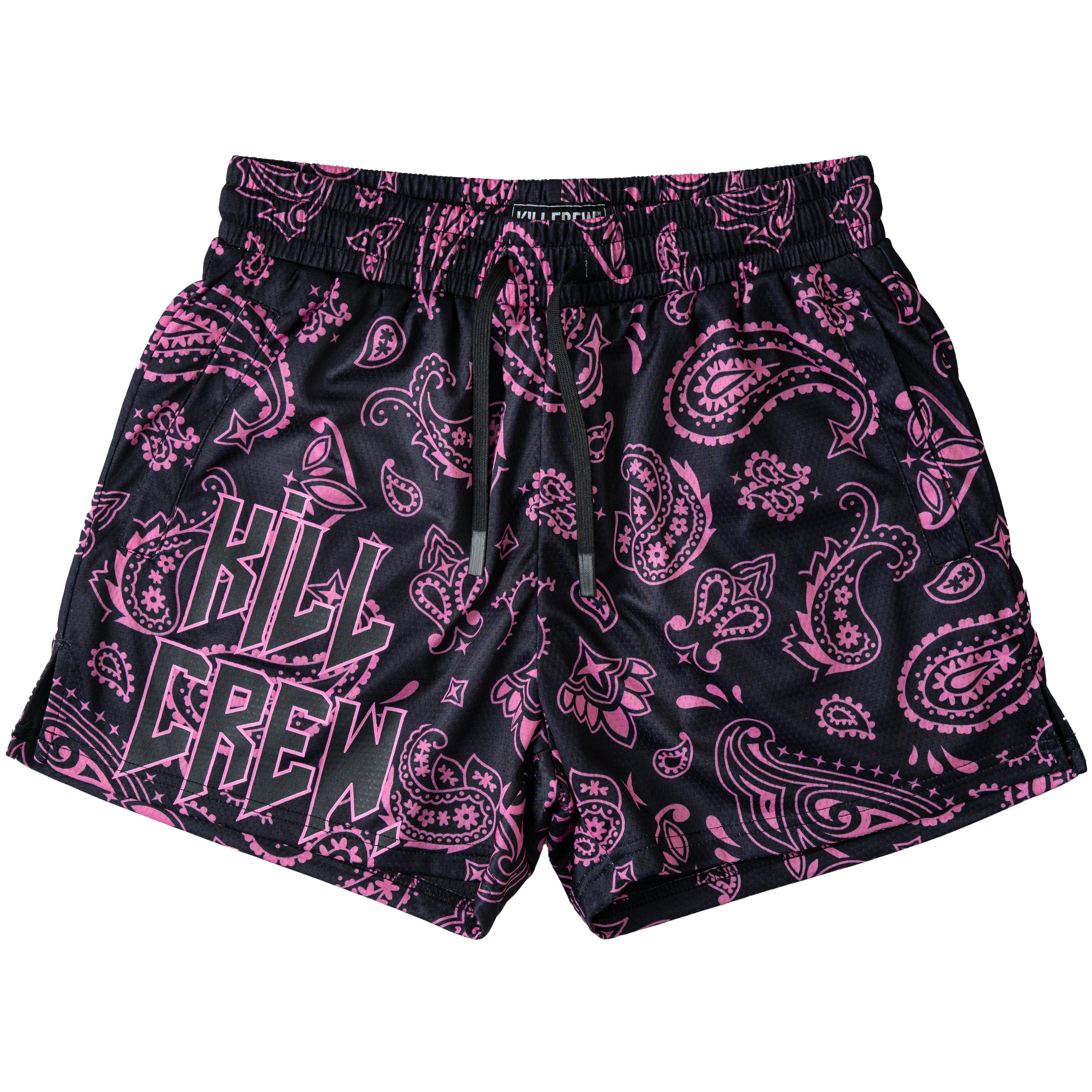 MUAY THAI SHORTS (MID THIGH CUT) BANDANA - BLACK / PINK