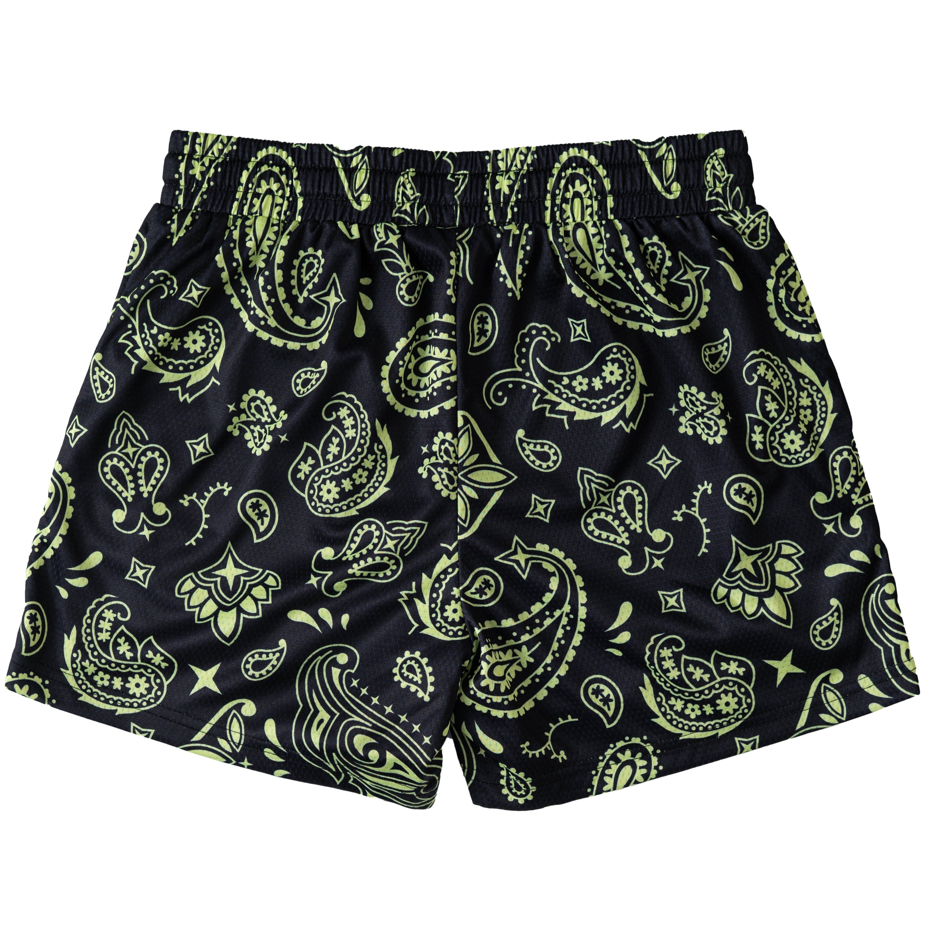 MUAY THAI SHORTS (MID THIGH CUT) BANDANA - BLACK / NEON GREEN