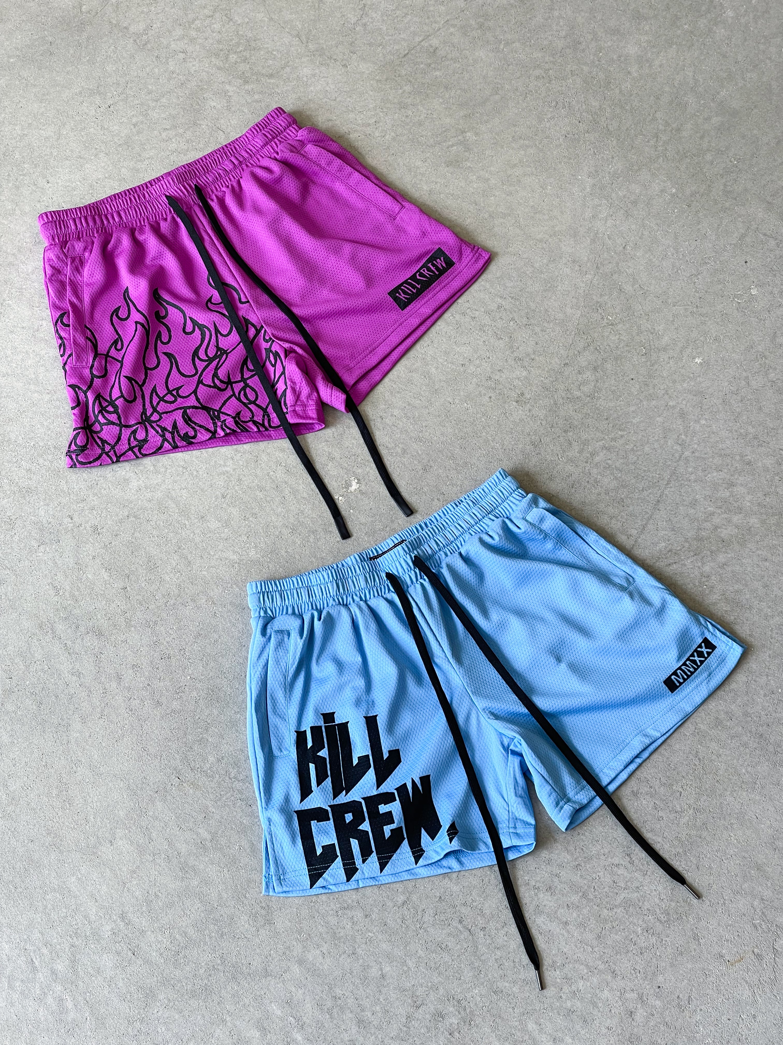 MUAY THAI FLAME SHORTS (MID THIGH CUT) - PURPLE / BLACK