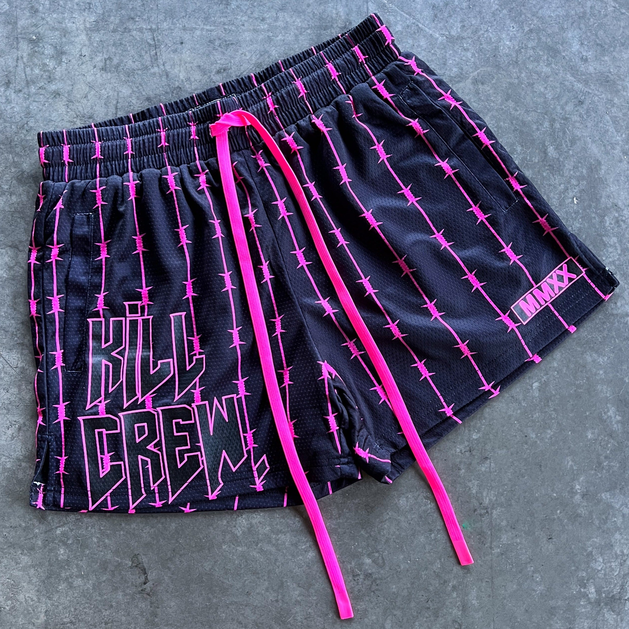 BARBWIRE MUAY THAI SHORTS (MID THIGH CUT) - BLACK / PINK