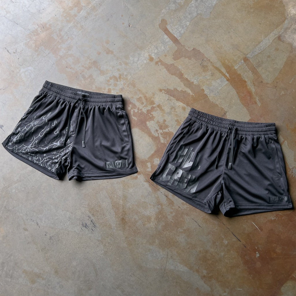 MUAY THAI FLAME SHORTS (MID THIGH CUT) - BLACKOUT