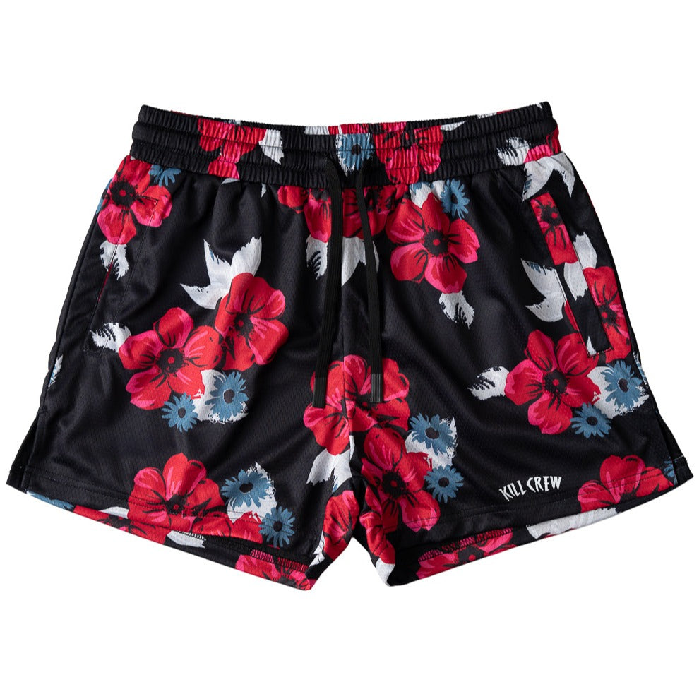 MUAY THAI SHORTS (MID THIGH CUT) FLORAL - BLACK